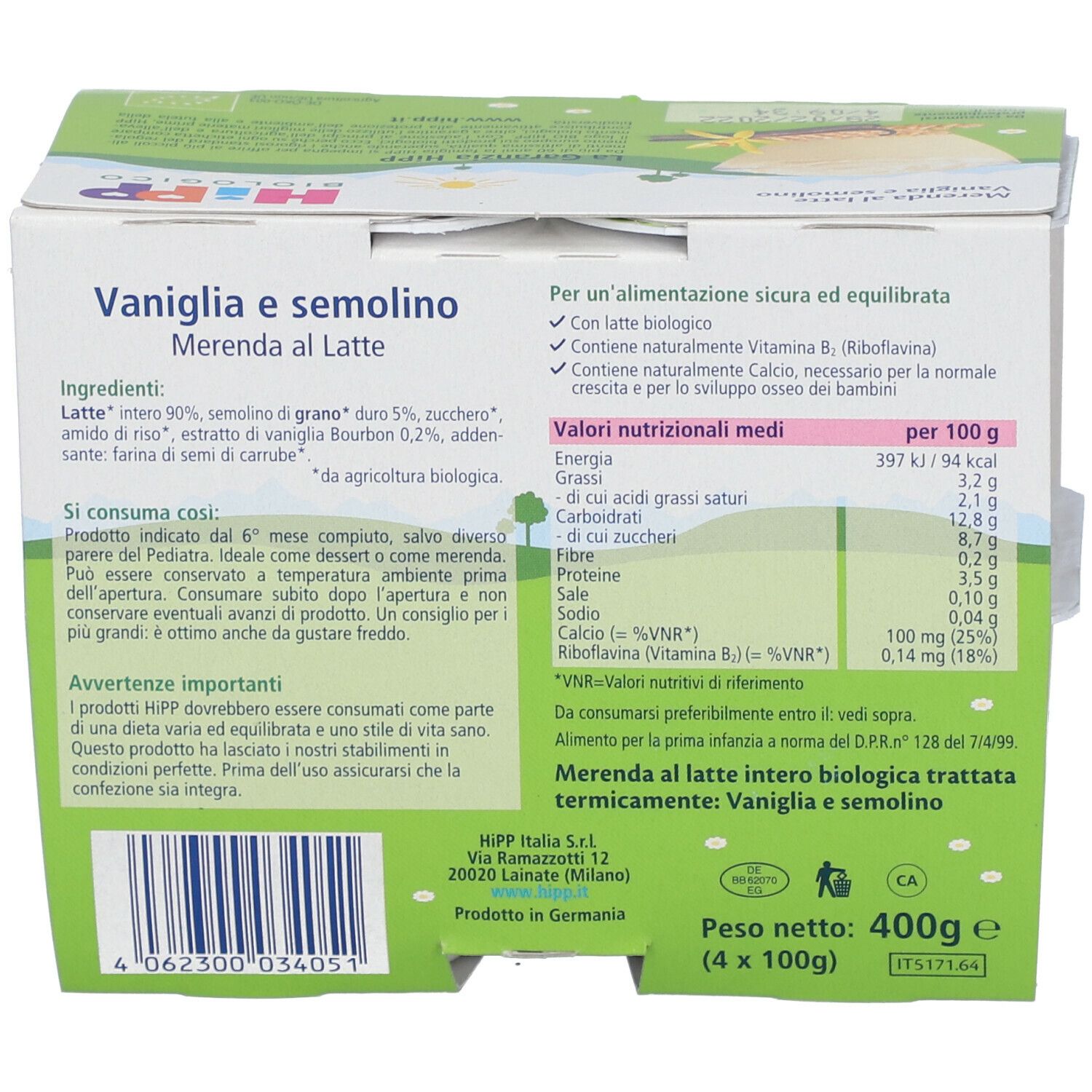 Retro confezione HiPP Biologico Merenda. Contiene informazioni nutrizionali, elenco ingredienti e certificazione bio.