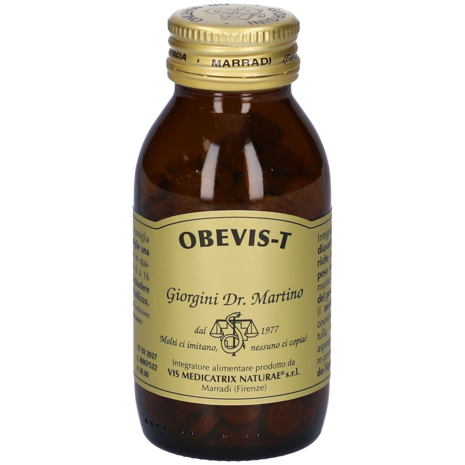 Flacone in vetro marrone con tappo dorato. Obevis-T, Giorgini Dr. Martino. Compresse visibili. Etichetta con informazioni.