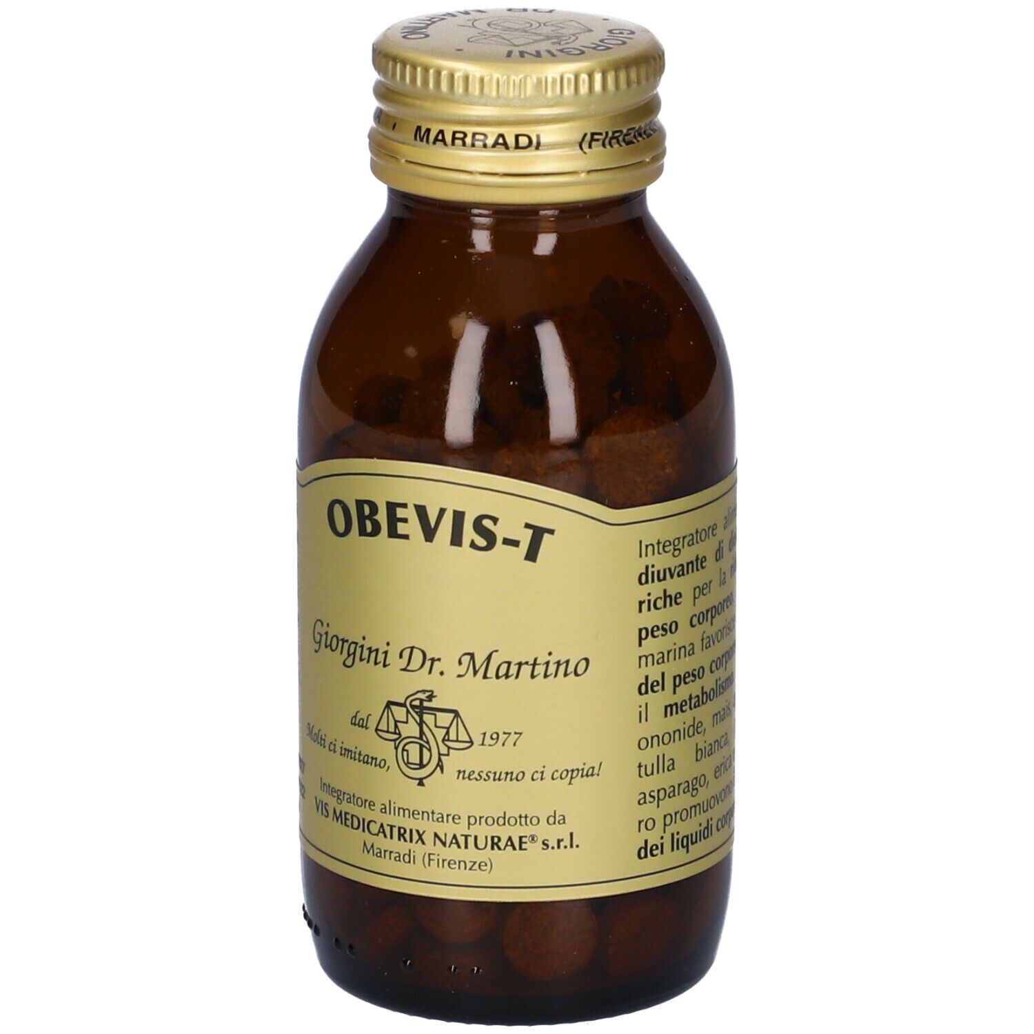 Flacone in vetro marrone con tappo dorato. Obevis-T, Giorgini Dr. Martino. Compresse visibili. Etichetta con informazioni.