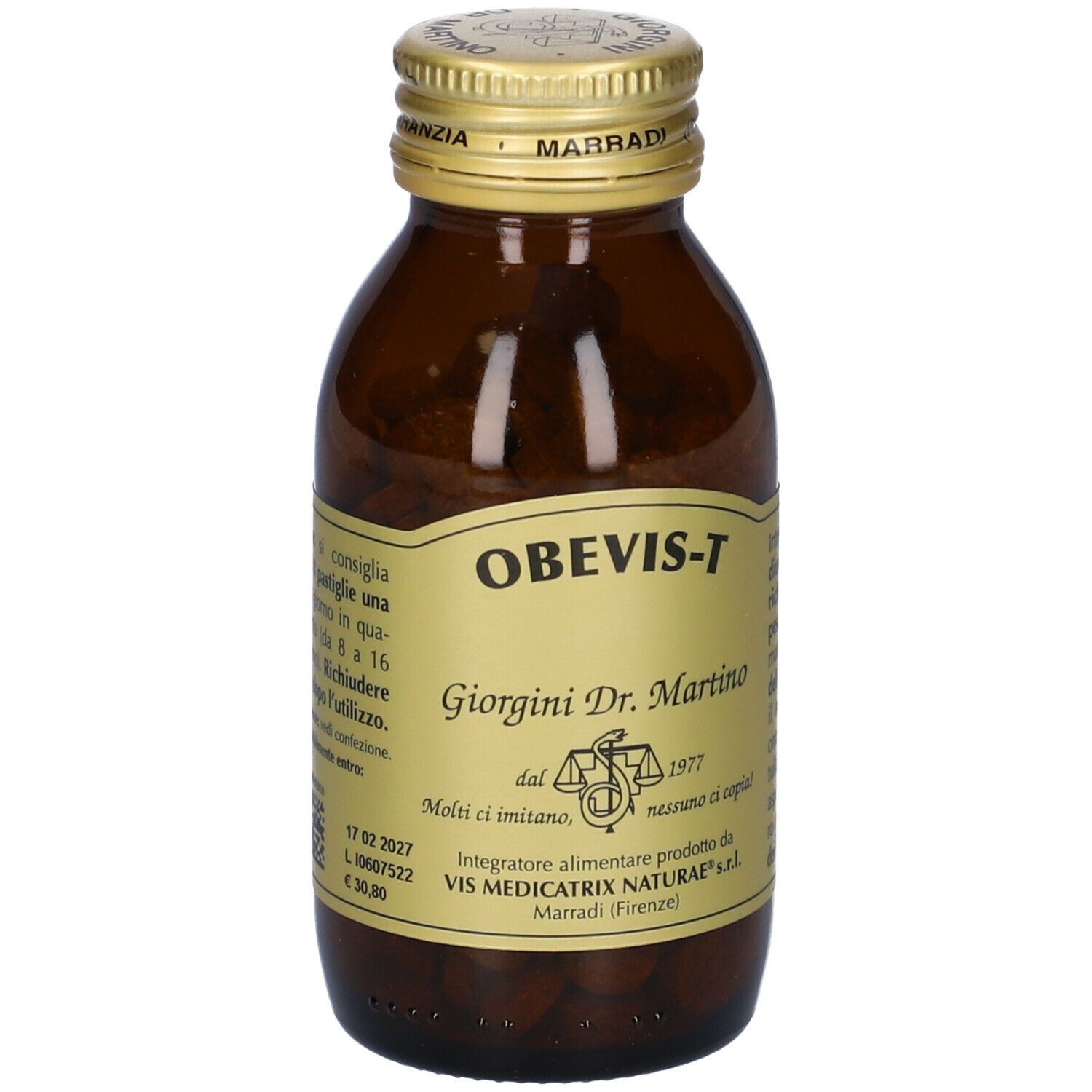 Flacone in vetro marrone con tappo dorato. Obevis-T, Giorgini Dr. Martino. Compresse visibili. Etichetta con informazioni.