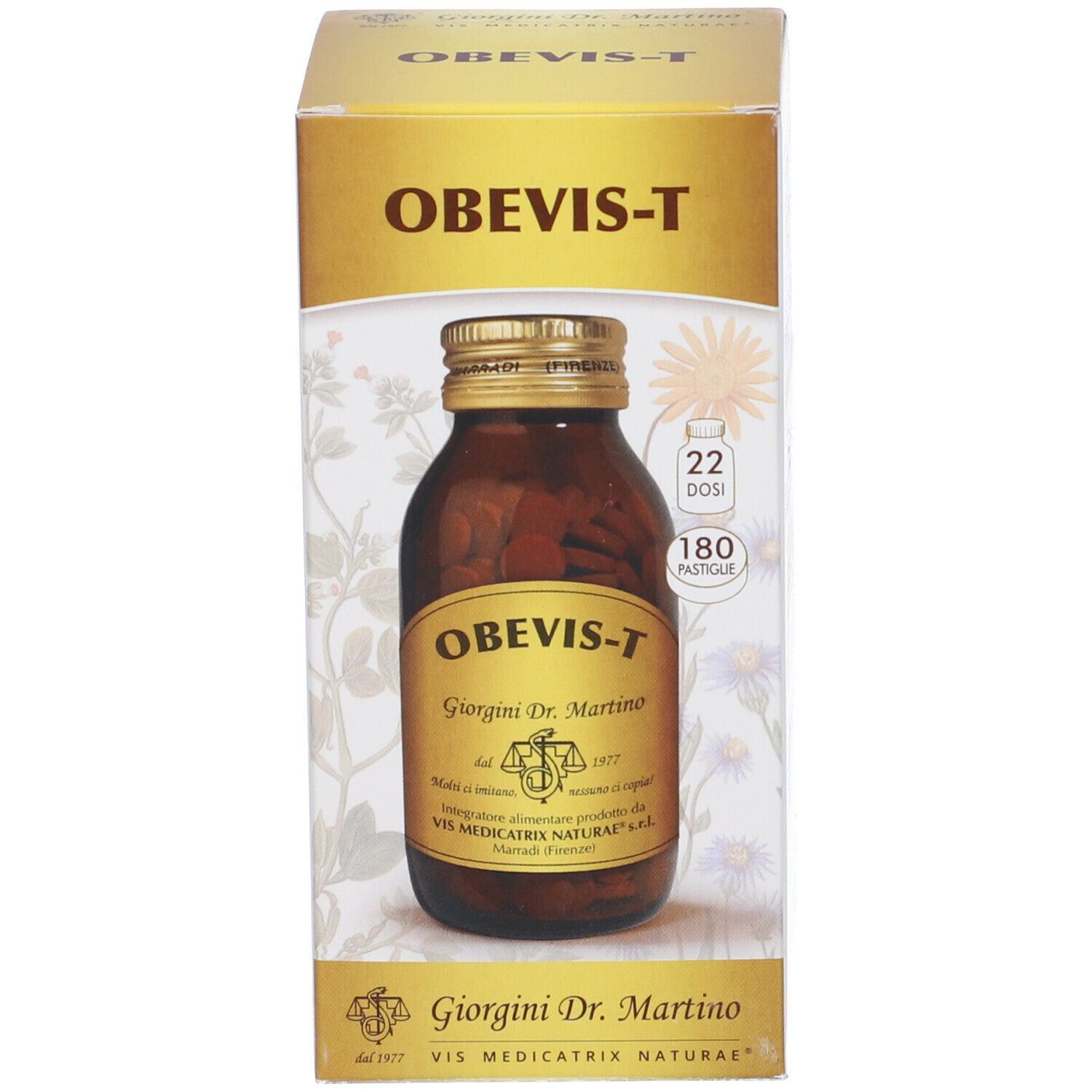 Confezione Obevis-T. Nome prodotto, 22 dosi, 180 compresse. Flacone vetro marrone con tappo dorato.