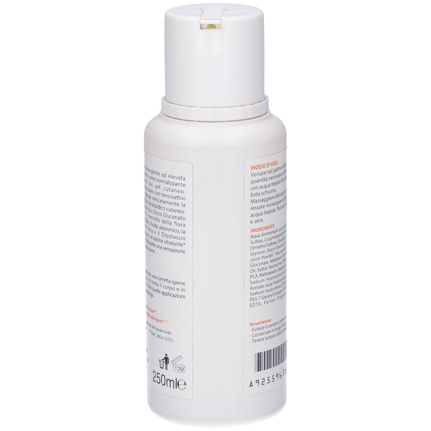 Vista posteriore del flacone Sensipur bianco. Testo: Modo d'uso, 250ml, simbolo riciclo, codice a barre.