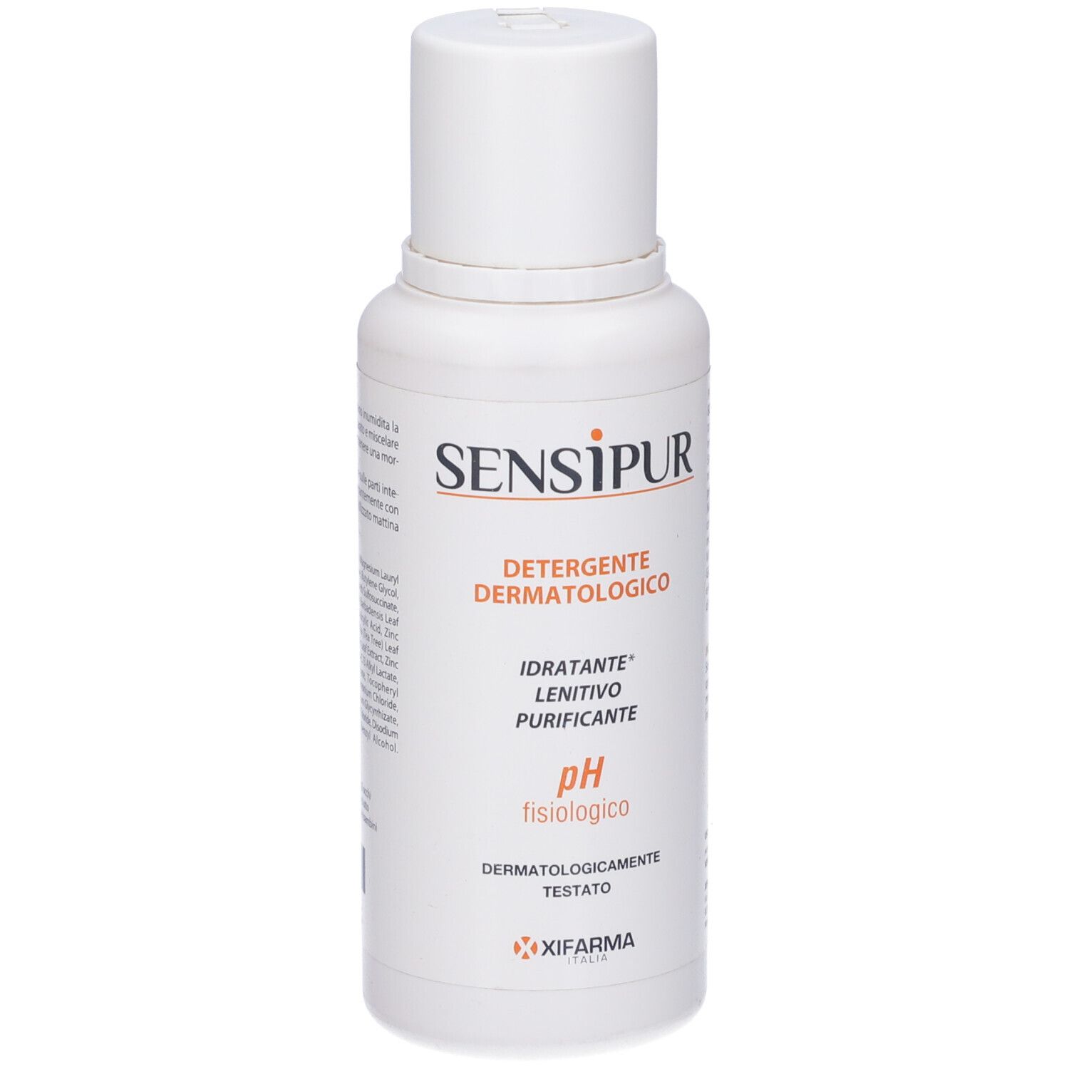 Flacone bianco con etichetta Sensipur. Testo: Detergente Dermatologico, pH fisiologico. Logo XIFARMA.