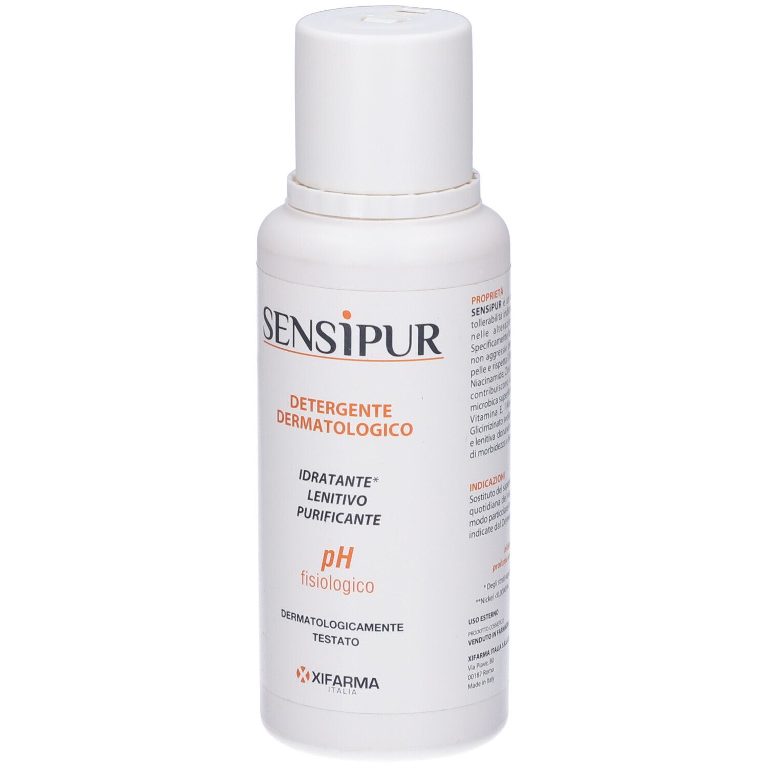 Flacone bianco con etichetta Sensipur. Testo: Detergente Dermatologico, pH fisiologico. Logo XIFARMA.