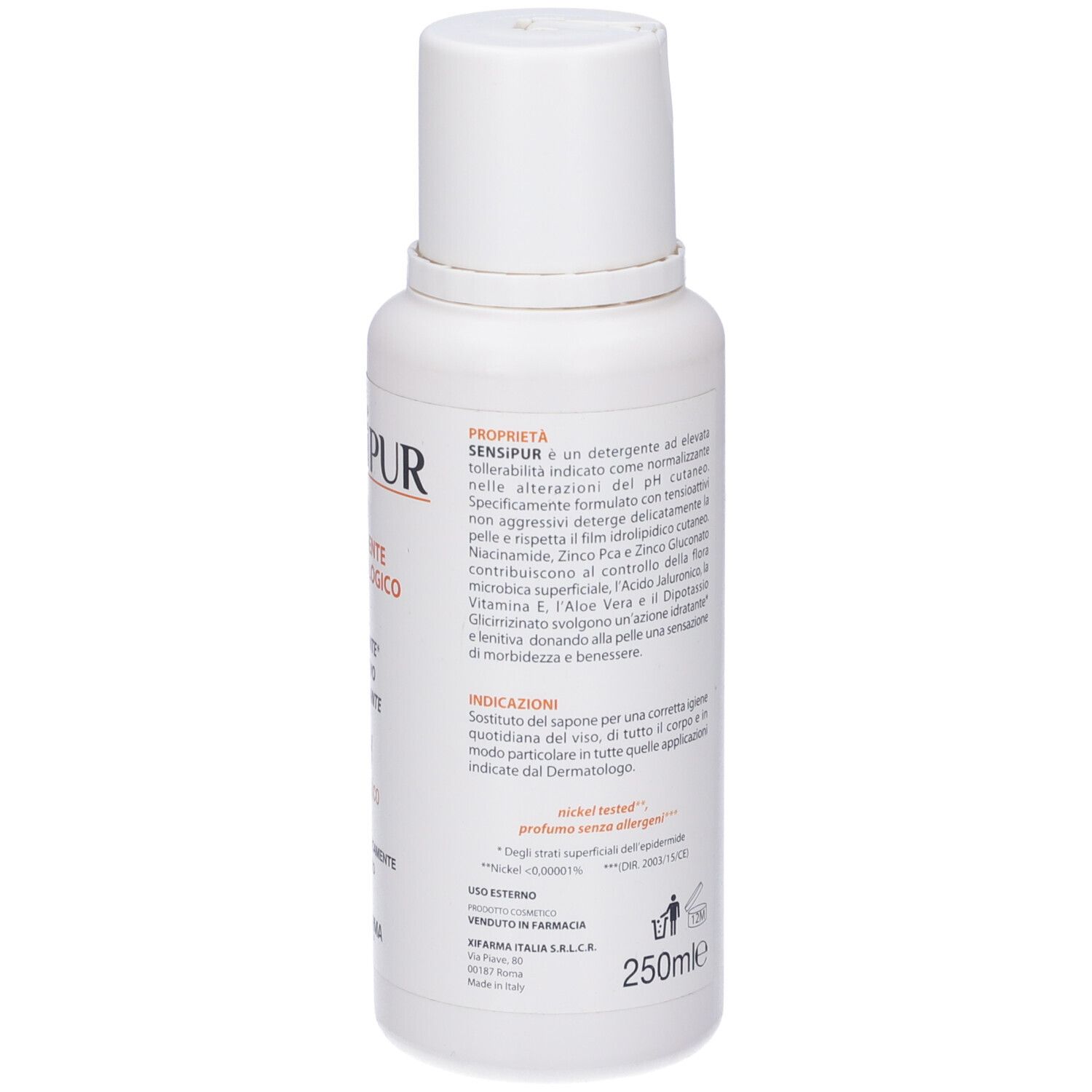 Retro del flacone Sensipur bianco. Testo: Proprietà, uso, 250ml, dermatologicamente testato.