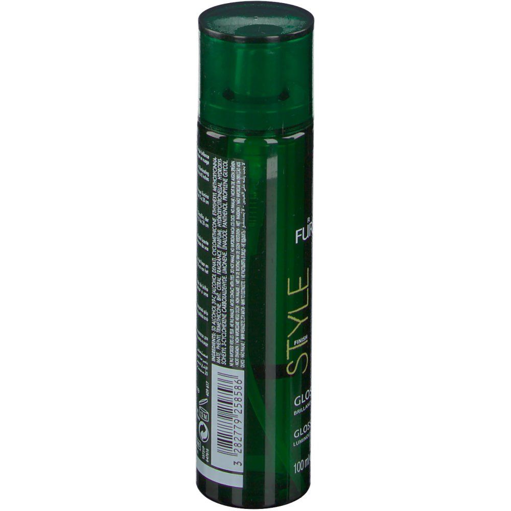 Flacone spray verde. Retro con testo e codice a barre. Contiene informazioni e avvertenze.