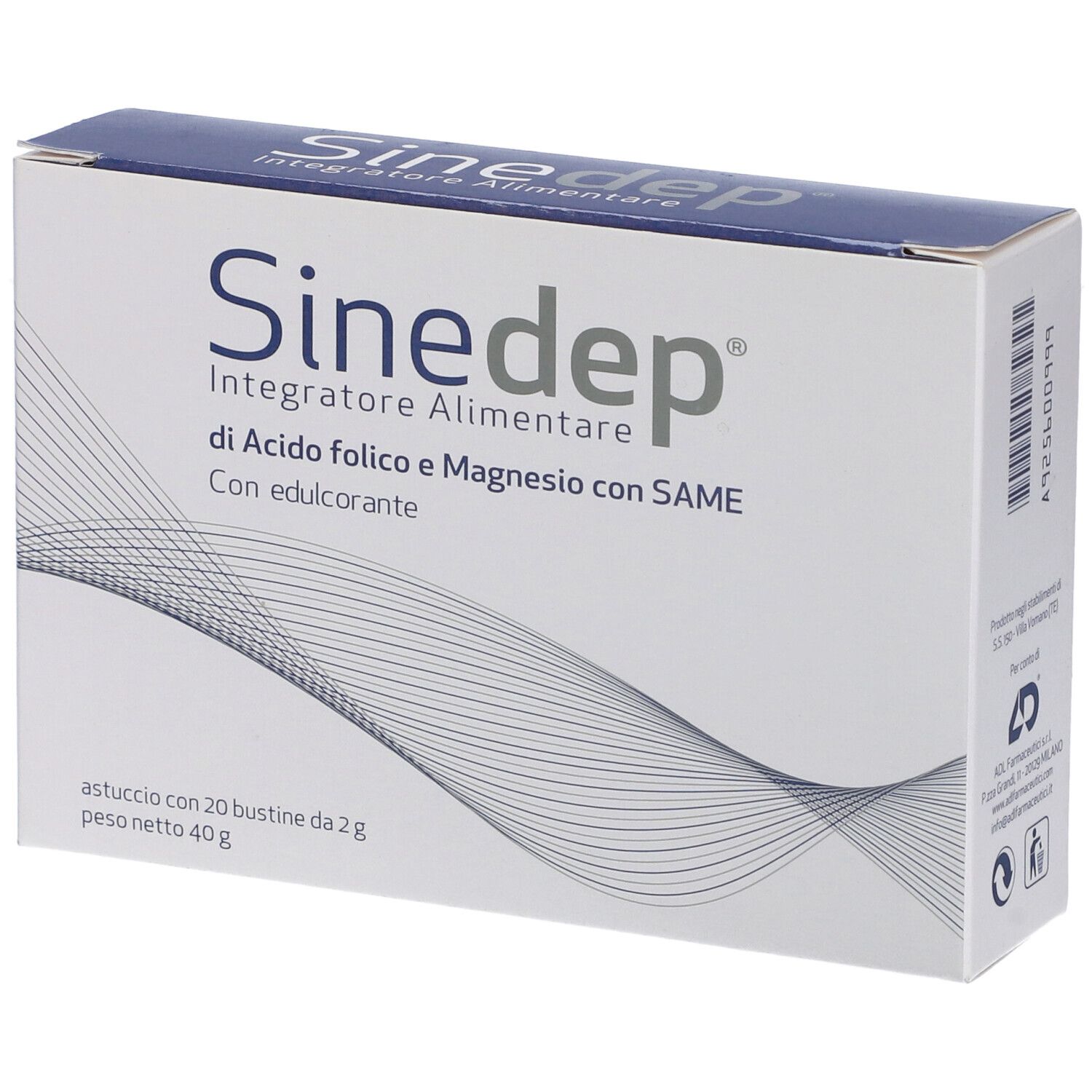 Scatola bianca con coperchio blu. Nome prodotto e testo: Integratore Alimentare di Acido folico e Magnesio con SAME.