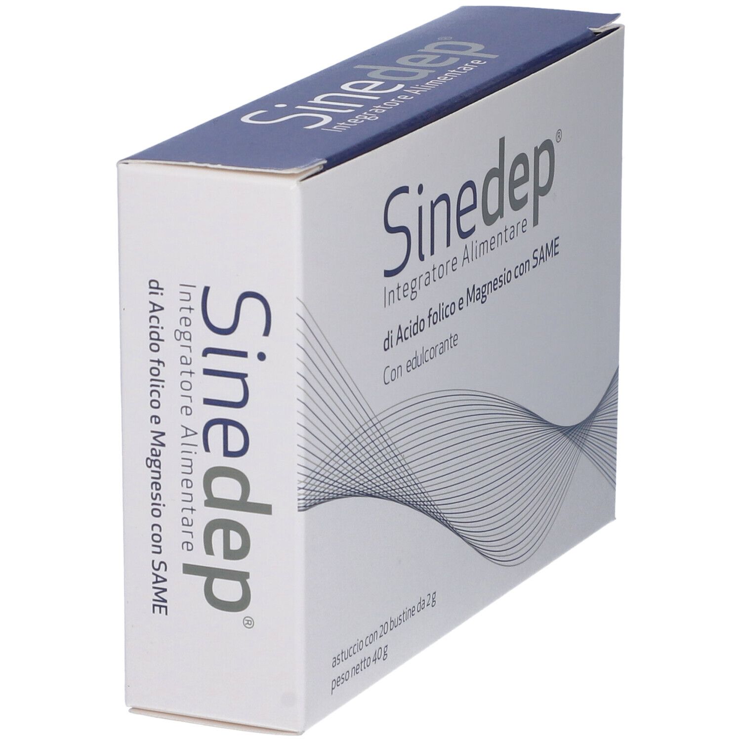 Scatola in diagonale. Nome prodotto e testo: Integratore Alimentare di Acido folico e Magnesio con SAME. Confezione bianca.