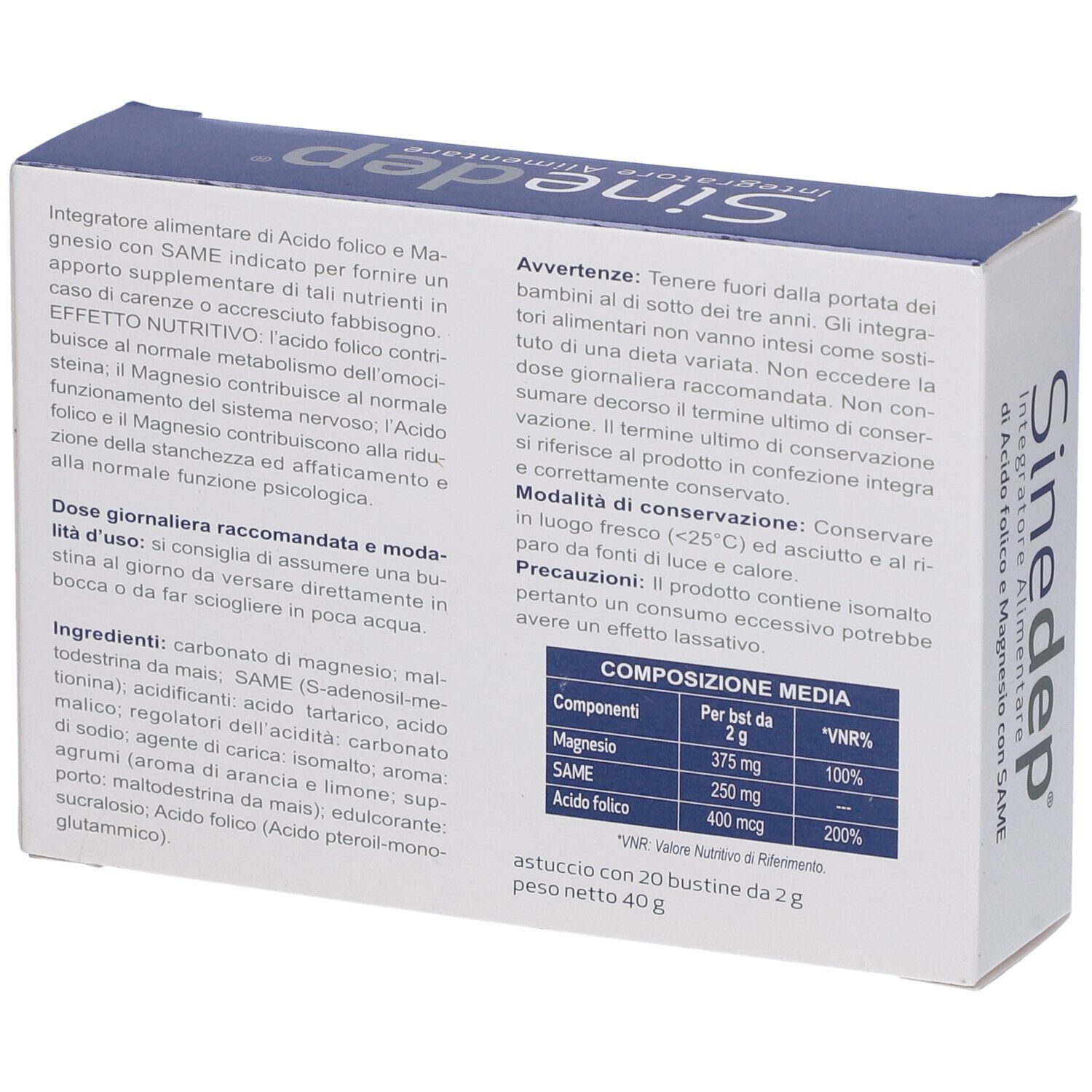 Retro della scatola. Testo: Integratore Alimentare. Ingredienti, istruzioni per l'uso e avvertenze.