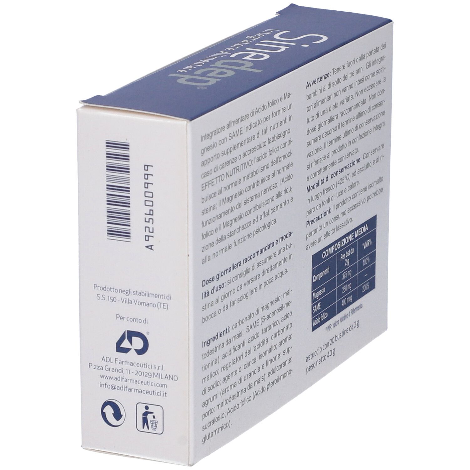 Scatola in diagonale. Nome prodotto e testo: Integratore Alimentare di Acido folico e Magnesio con SAME. Confezione bianca.