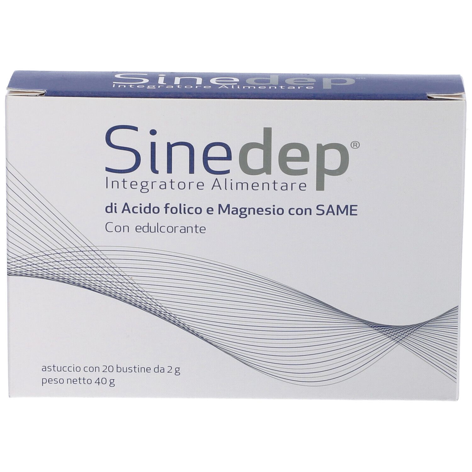 Scatola bianca con coperchio blu. Nome prodotto e testo: Integratore Alimentare di Acido folico e Magnesio con SAME.