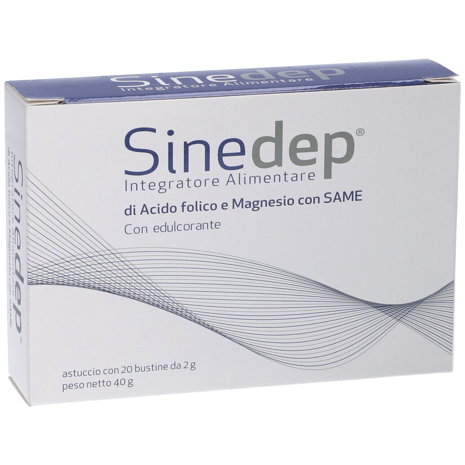 Scatola bianca con coperchio blu. Nome prodotto e testo: Integratore Alimentare di Acido folico e Magnesio con SAME.