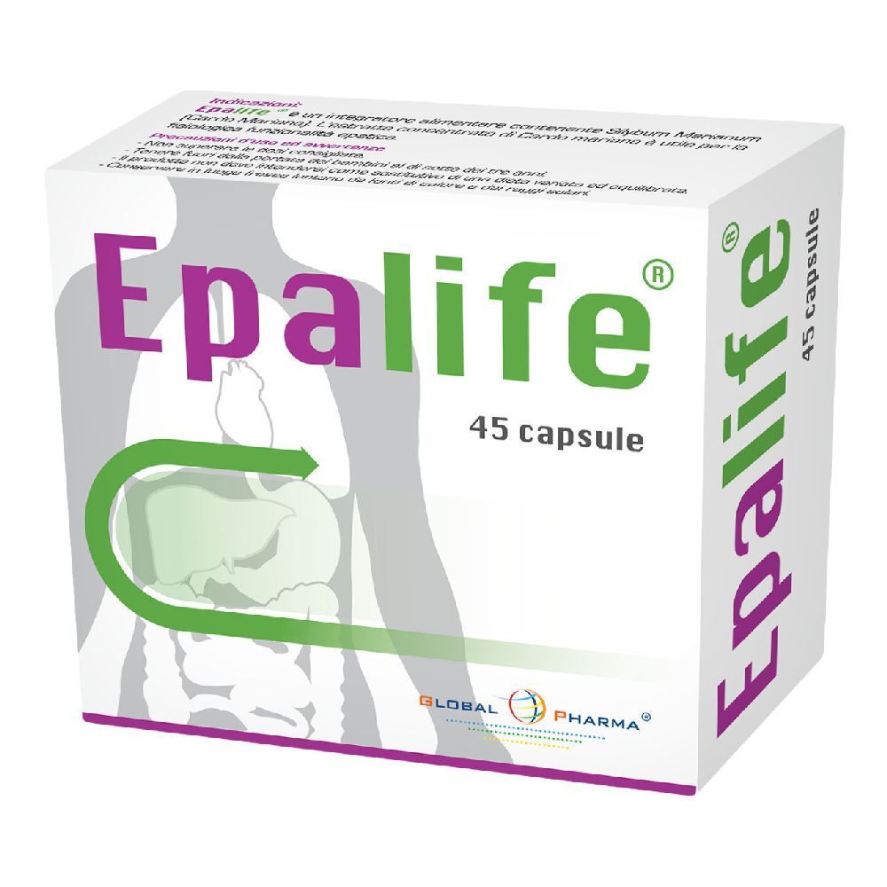 Scatola "Epalife 45 capsule". Logo e illustrazione dell'apparato digerente. Marchio: Global Pharma.