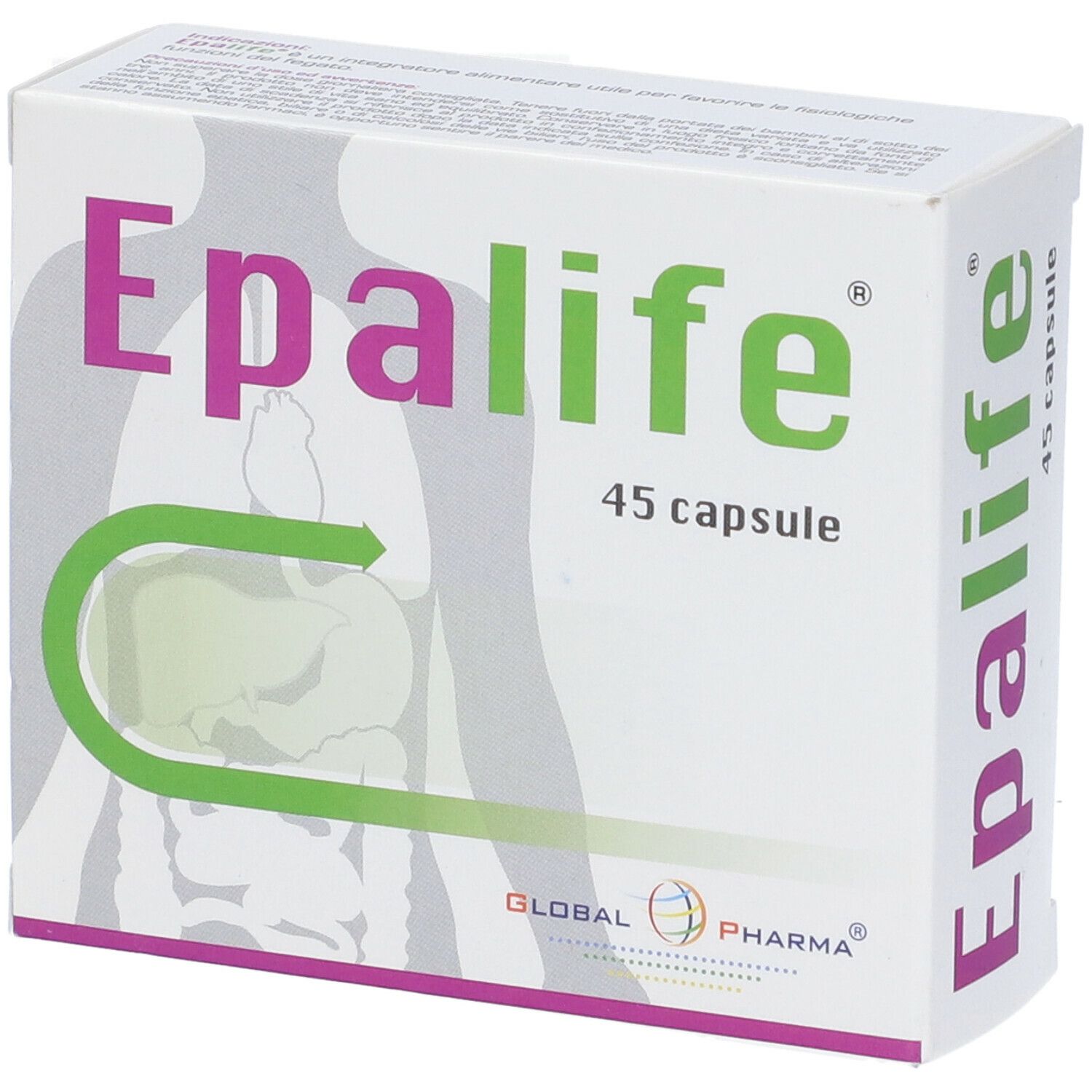 Scatola "Epalife 45 capsule". Logo e testo viola e verde. Marchio: Global Pharma.