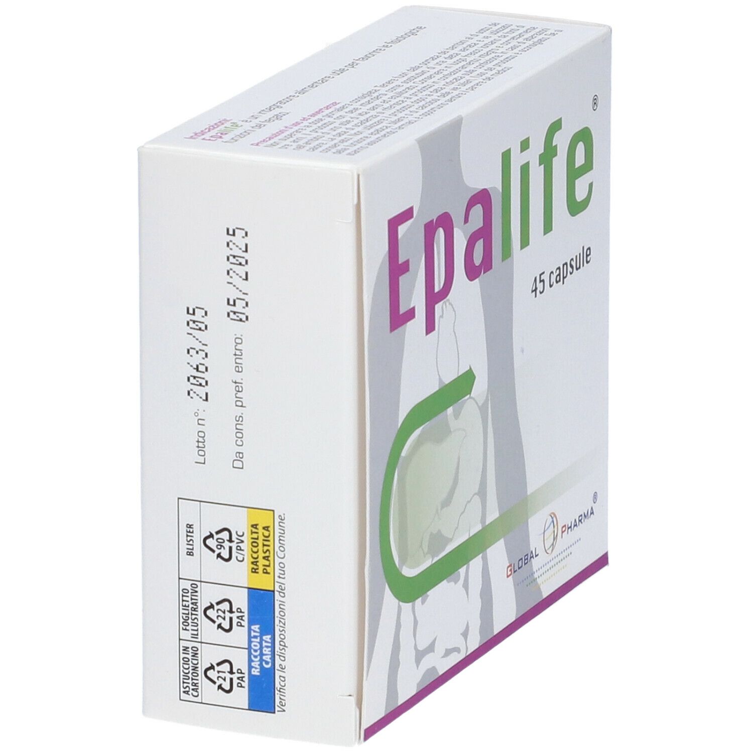 Scatola "Epalife 45 capsule". Vista laterale con testo e simboli di riciclaggio. Scadenza: 05/2025.