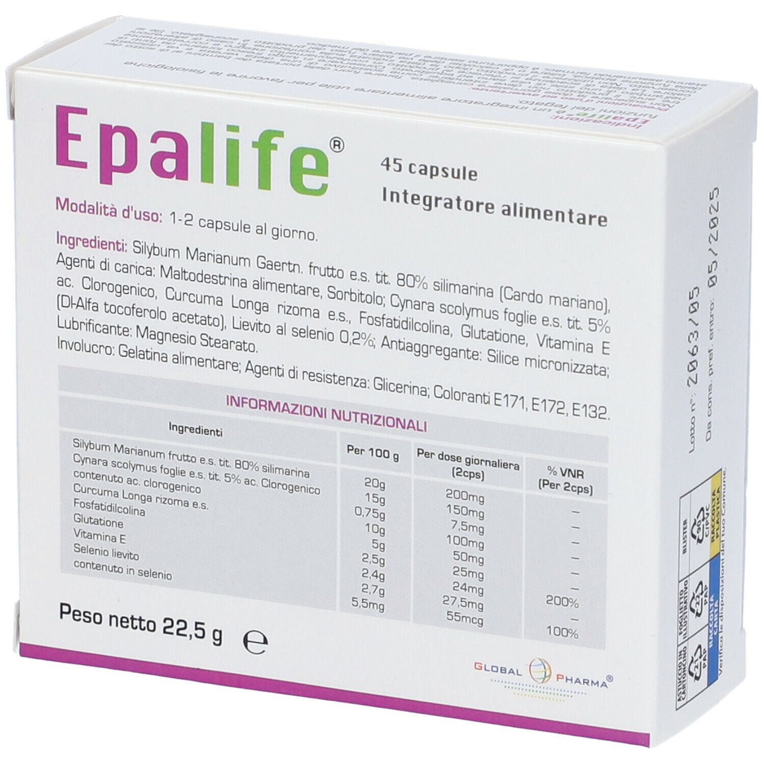 Scatola "Epalife 45 capsule". Retro con ingredienti e informazioni nutrizionali. Marchio: Global Pharma.