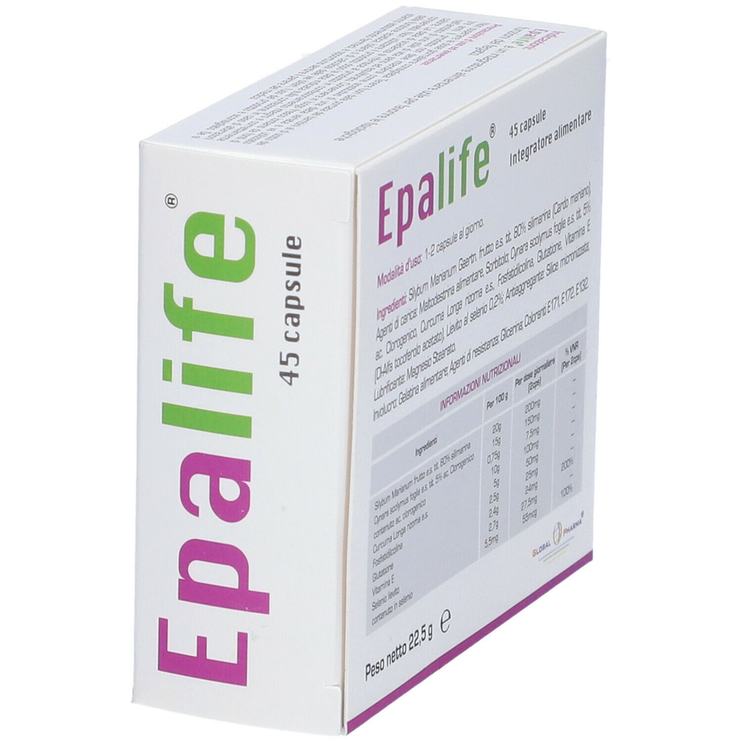Scatola "Epalife 45 capsule". Vista con ingredienti e informazioni nutrizionali. Marchio: Global Pharma.