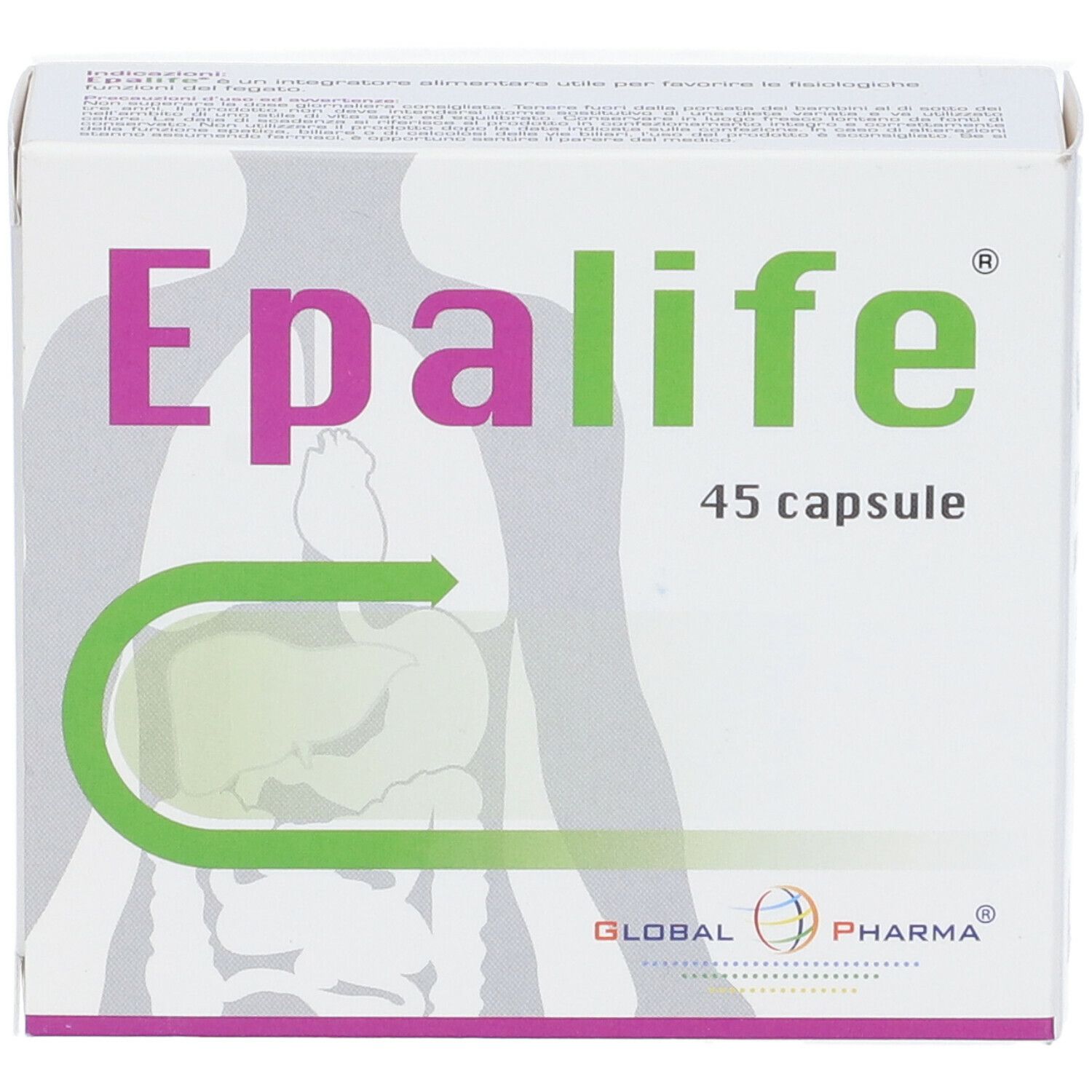 Scatola "Epalife 45 capsule". Logo, testo e illustrazione dell'apparato digerente. Marchio: Global Pharma.