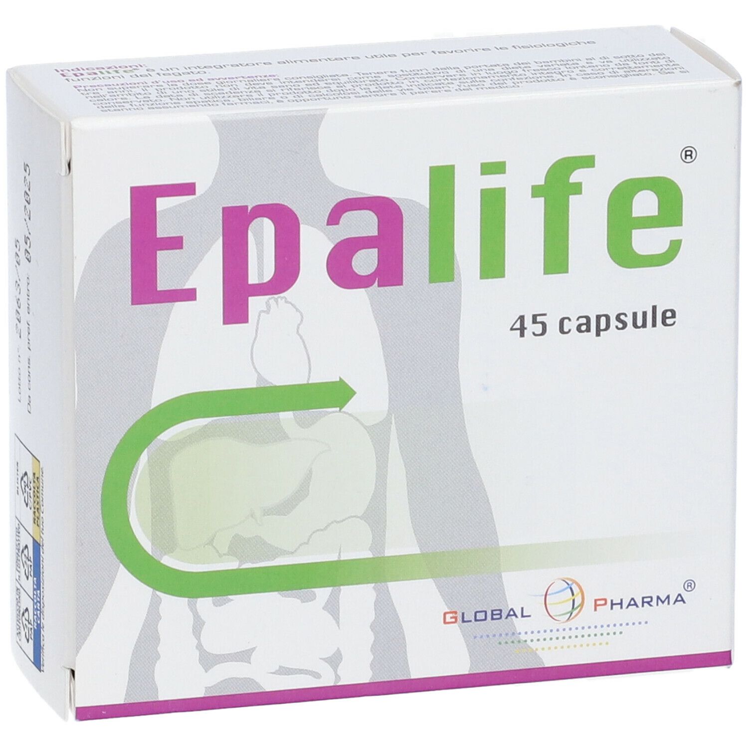 Scatola "Epalife 45 capsule". Logo, testo e illustrazione dell'apparato digerente. Scadenza: 05/2025.