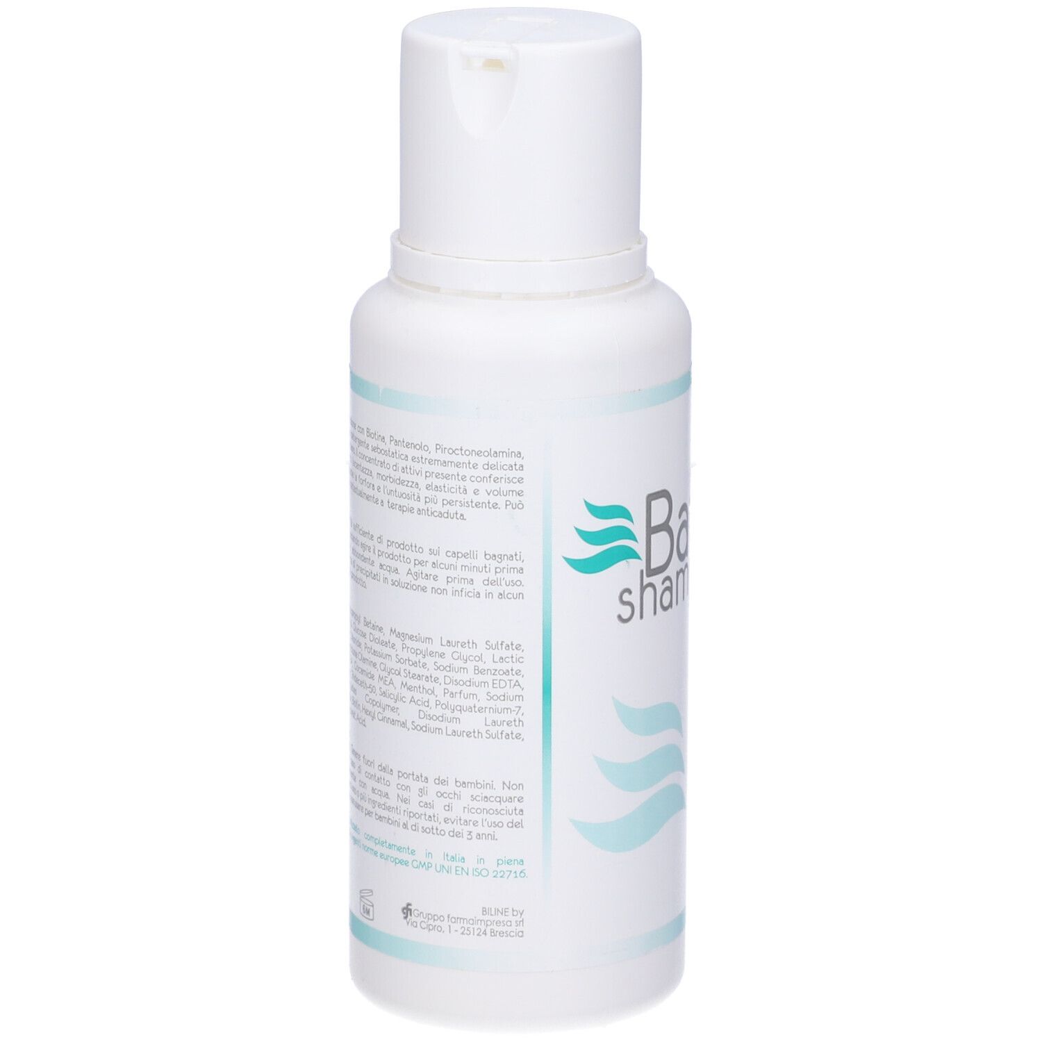 Retro del flacone di Baten Shampoo. Testo con ingredienti e istruzioni. Sfondo bianco.