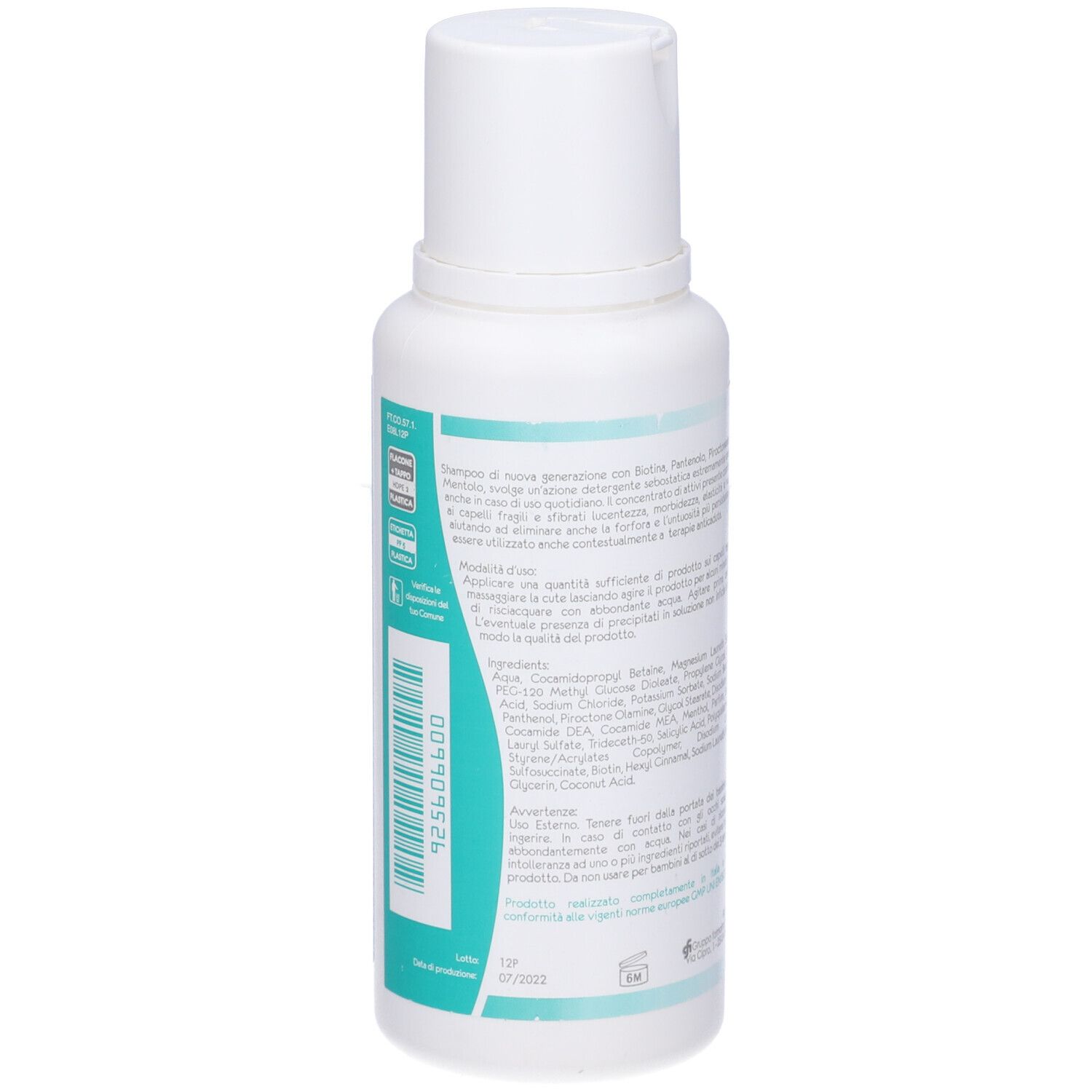 Retro del flacone di Baten Shampoo. Testo con ingredienti e istruzioni. Sfondo bianco.