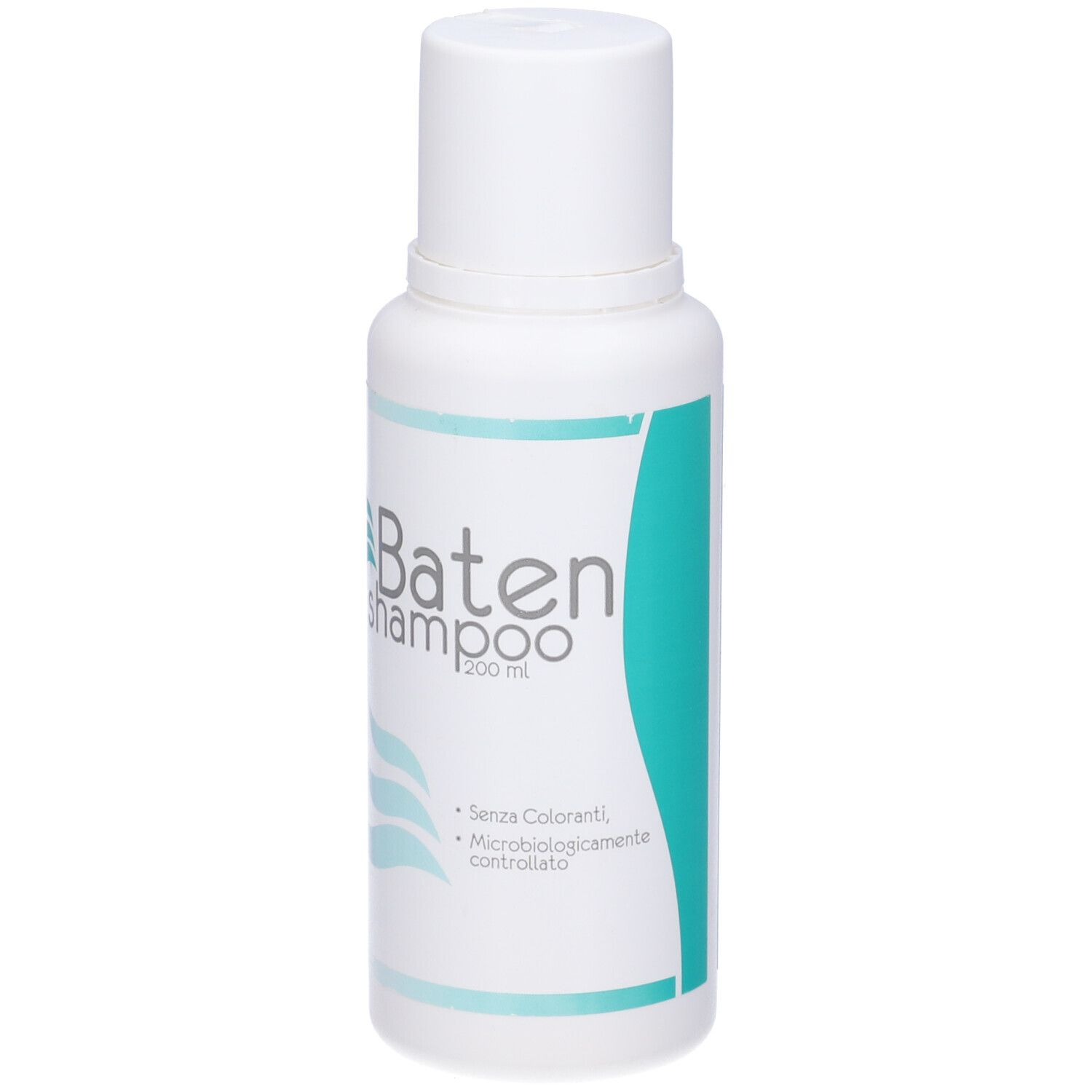 Flacone bianco di Baten Shampoo con tappo bianco. Nome del prodotto e dettagli verdi sul flacone.