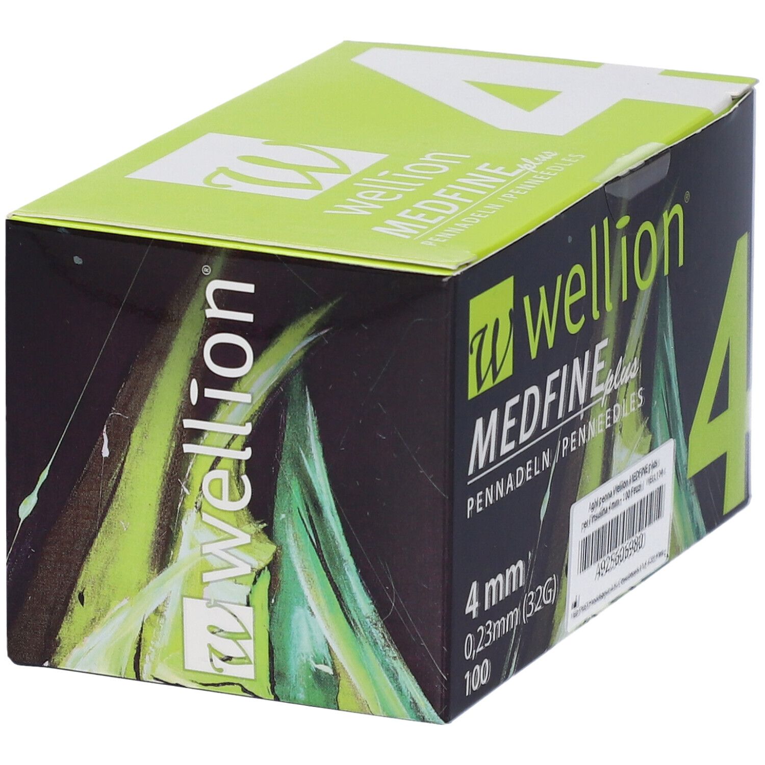 Scatola di aghi Wellion Medfine plus. Vista angolata. Verde e nero. Iscrizioni e numero 4 in bianco.