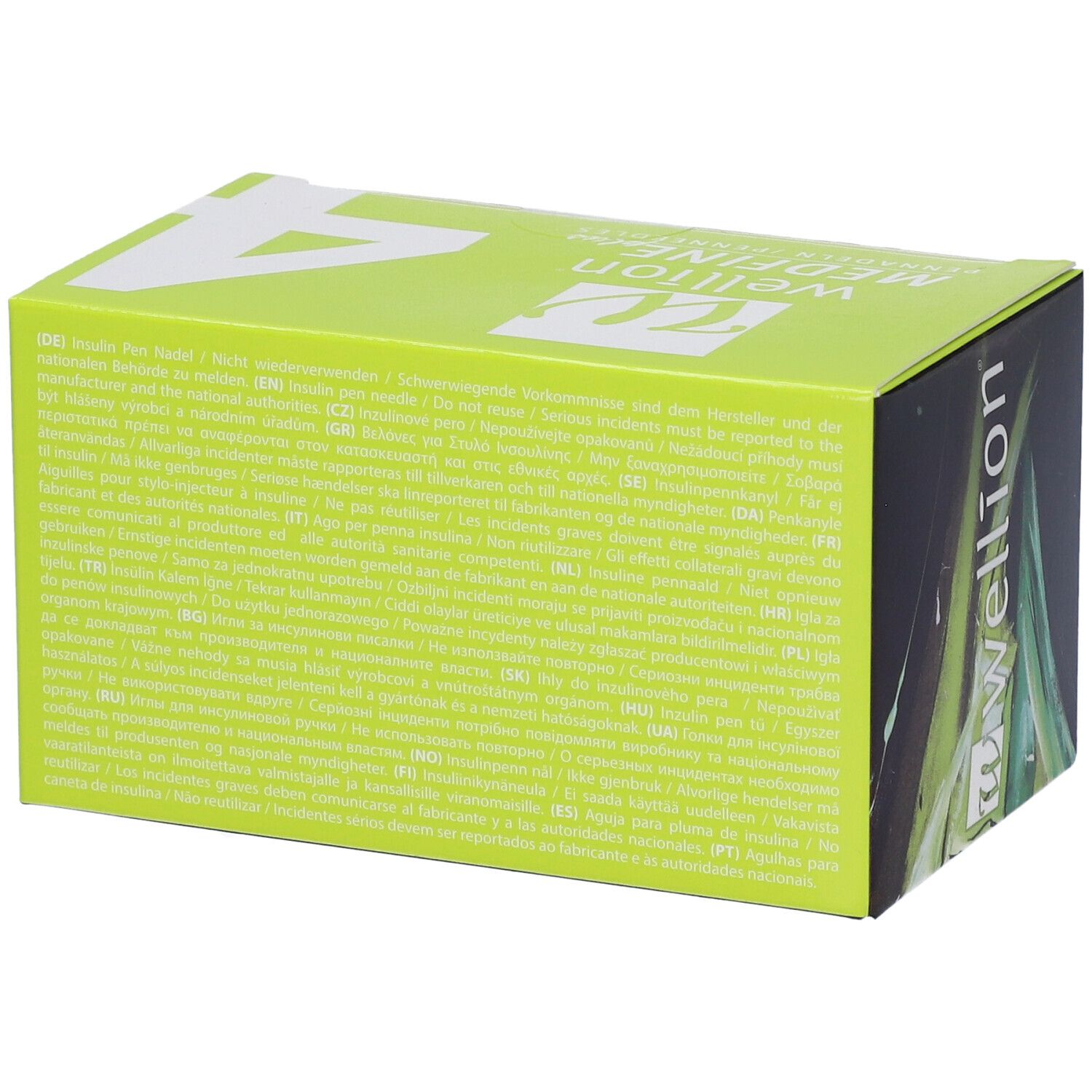 Retro della scatola di aghi. Testo in diverse lingue. Marchio Wellion Medfine plus.