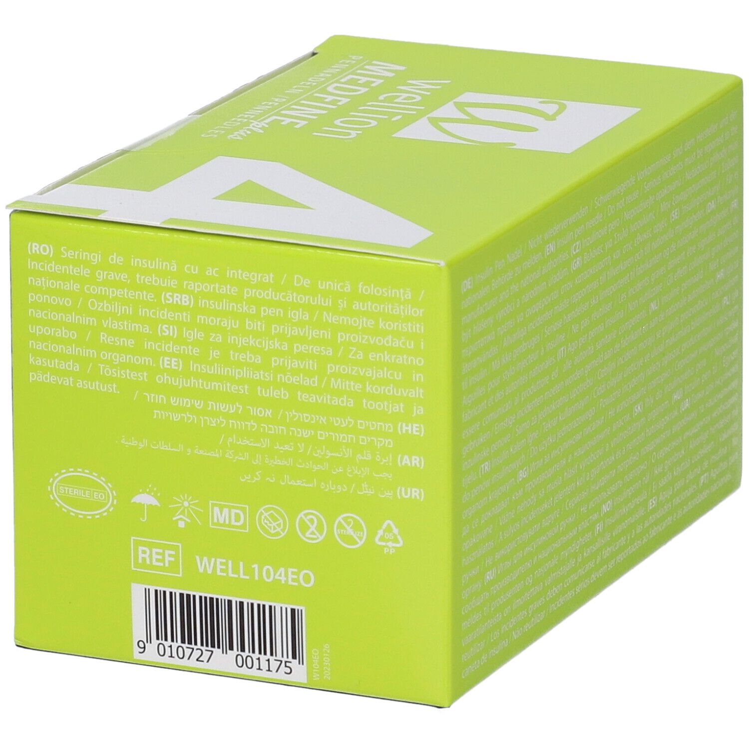 Retro della scatola di aghi. Testo in diverse lingue. Marchio Wellion Medfine plus. Codice a barre e certificazioni.