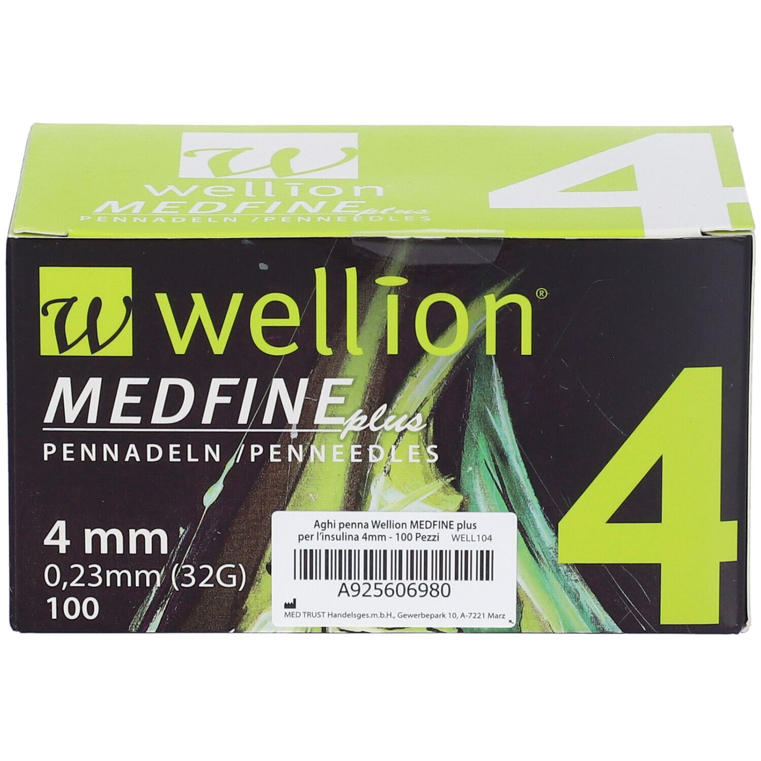Confezione di aghi Wellion Medfine plus. Scatola verde e nera con dettagli del prodotto e numero 4. 4 mm, 0,23 mm (32G), 100.