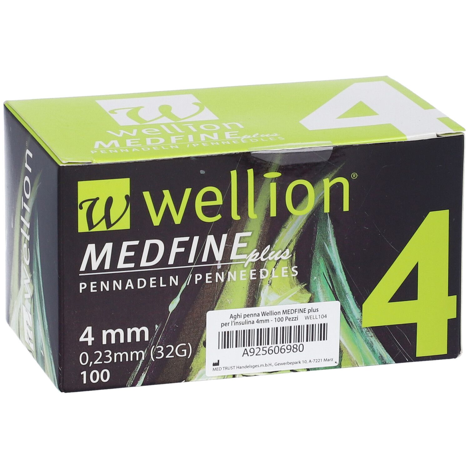 Confezione di aghi Wellion Medfine plus. Scatola verde e nera con dettagli del prodotto e numero 4. 4 mm, 0,23 mm (32G), 100.