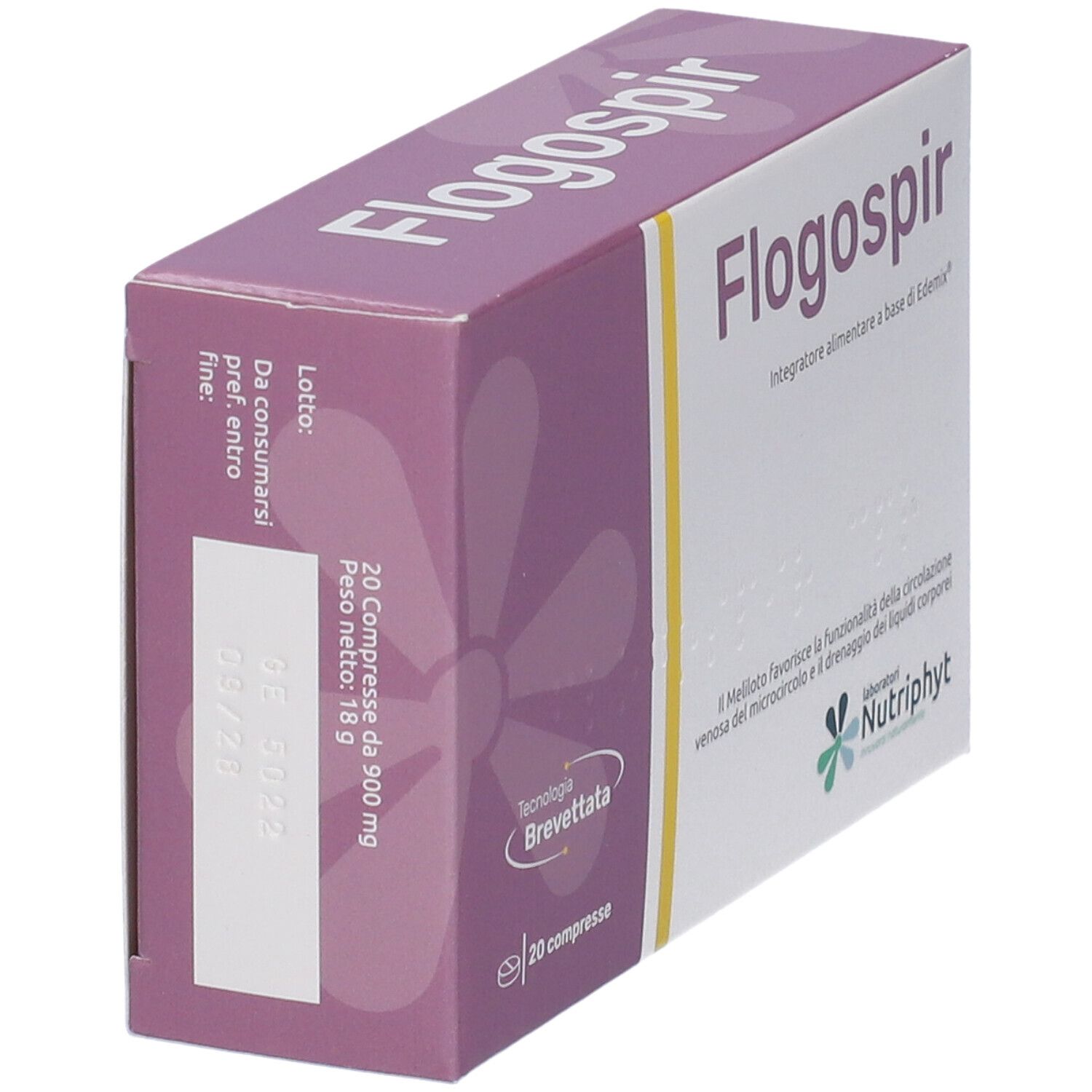 Scatola "Flogospir". Viola e bianco. Retro con testo e numero di lotto. 20 compresse.