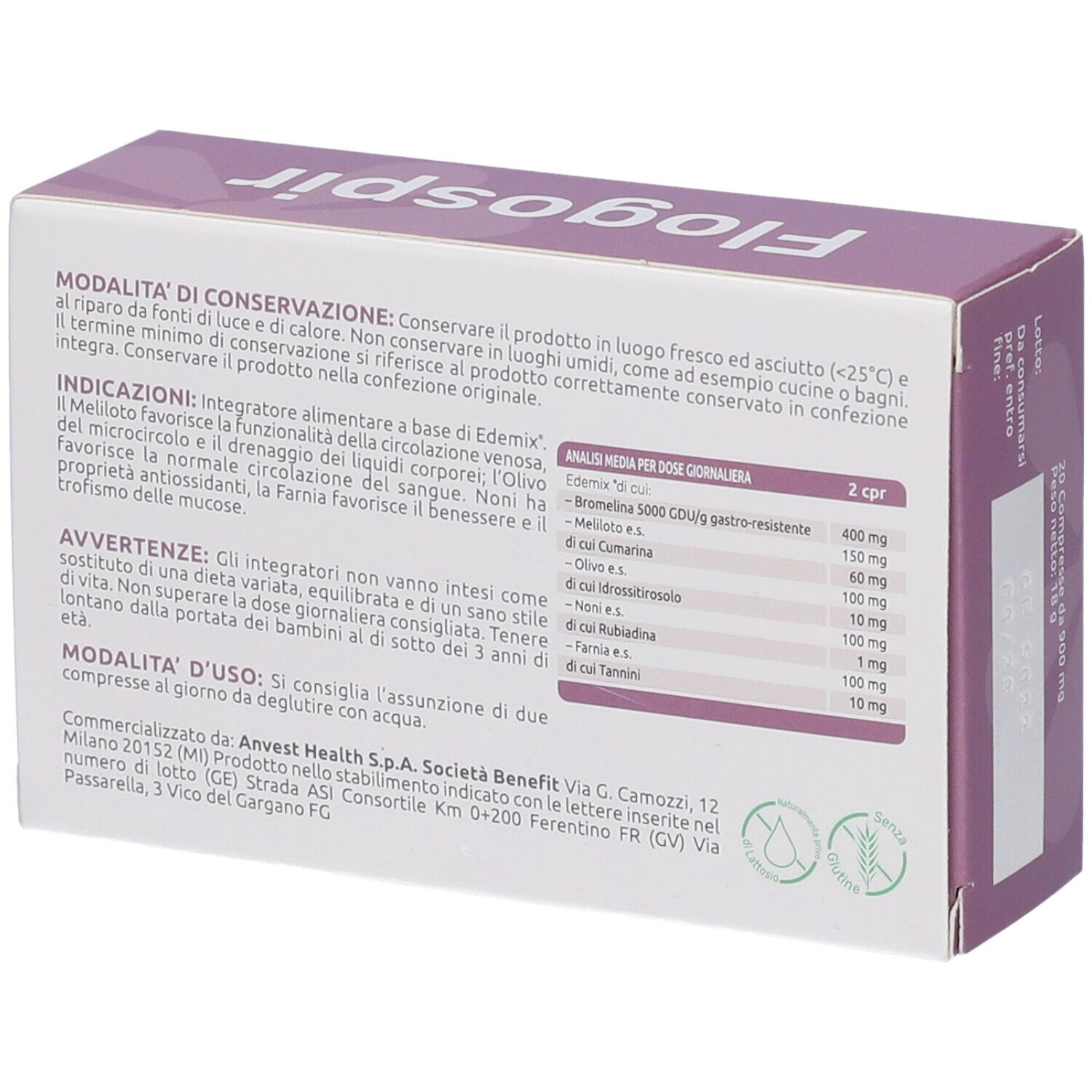 Retro della scatola "Flogospir". Testo con ingredienti e dosaggio. Logo "Nutriphyt".