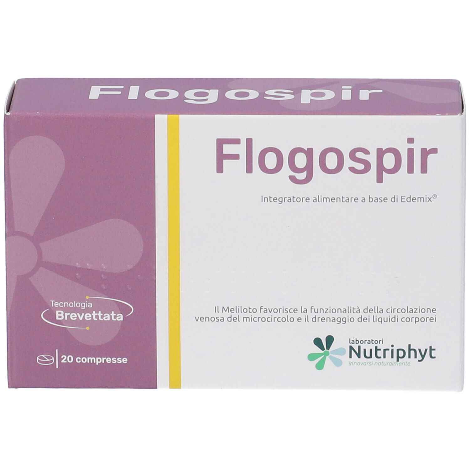 Scatola "Flogospir". Viola e bianco. 20 compresse. Logo "Nutriphyt". "Tecnologia Brevettata".
