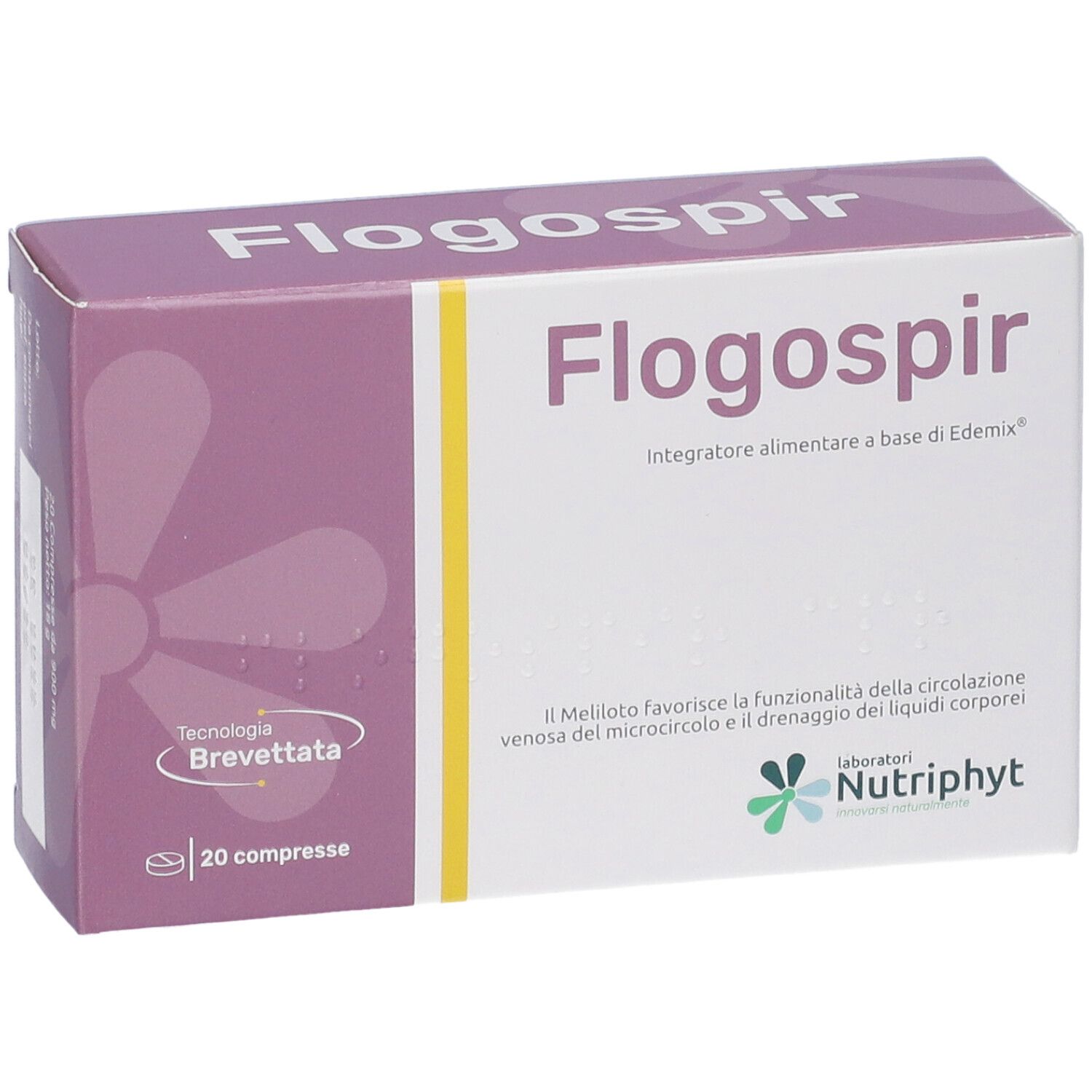 Scatola "Flogospir". Viola e bianco. 20 compresse. Logo "Nutriphyt". "Tecnologia Brevettata".