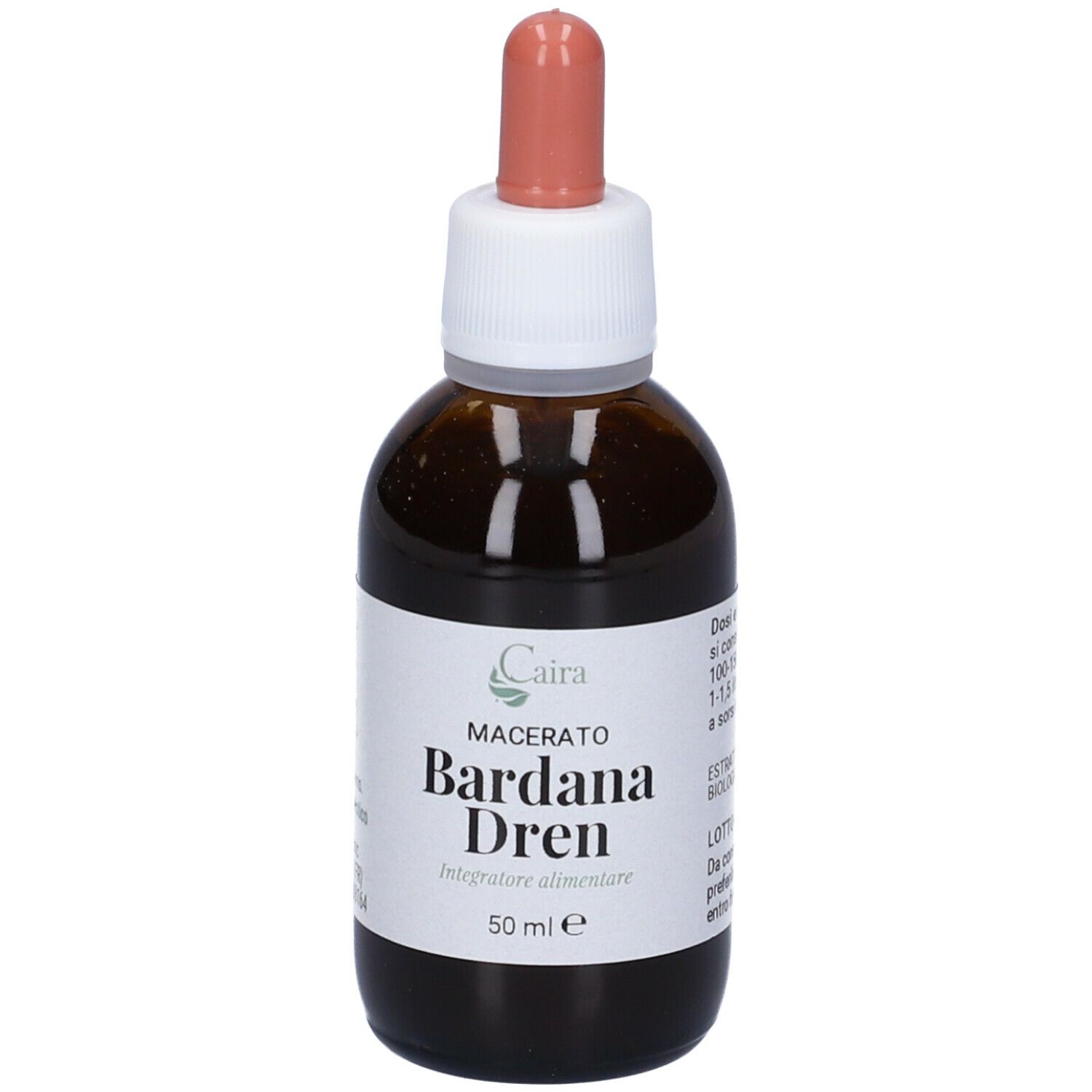 Flacone di vetro marrone con contagocce. Contiene liquido. Etichetta con nome del prodotto e 50 ml.