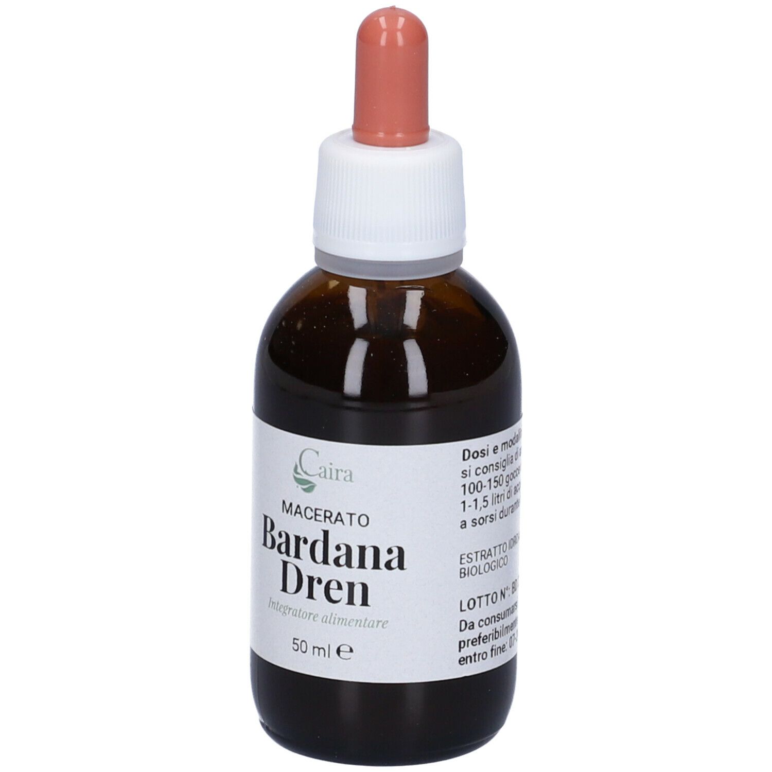 Flacone di vetro marrone con contagocce. Etichetta con nome del prodotto e 50 ml.