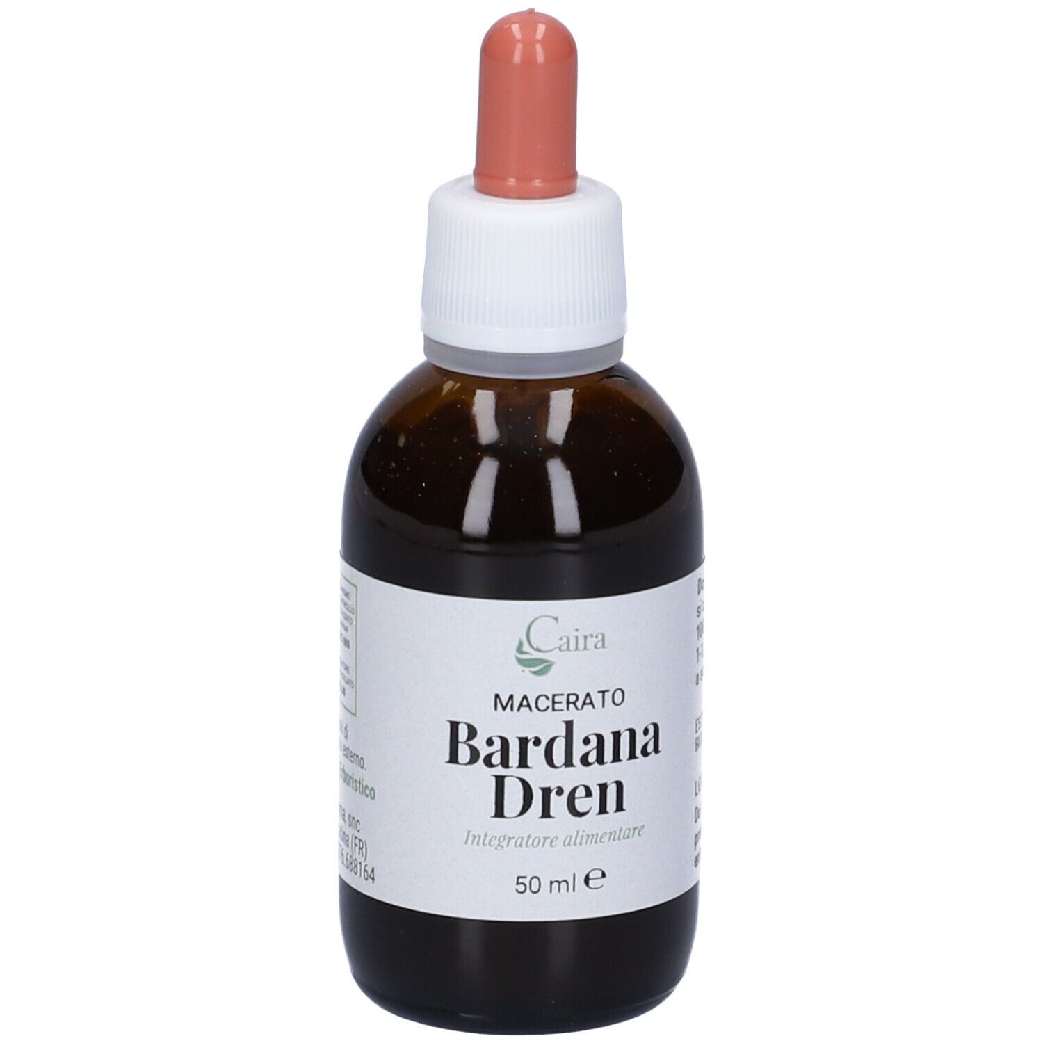 Flacone di vetro marrone con contagocce. Etichetta con nome del prodotto e 50 ml.