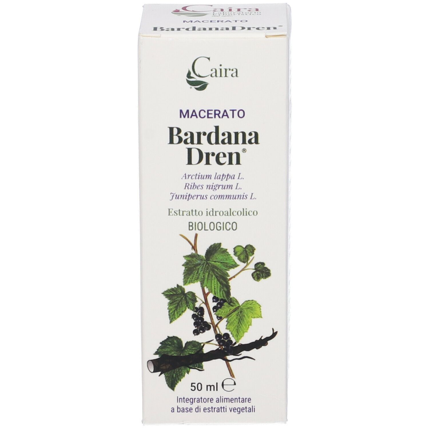 Confezione in cartone con nome del prodotto, illustrazione botanica e 50 ml.