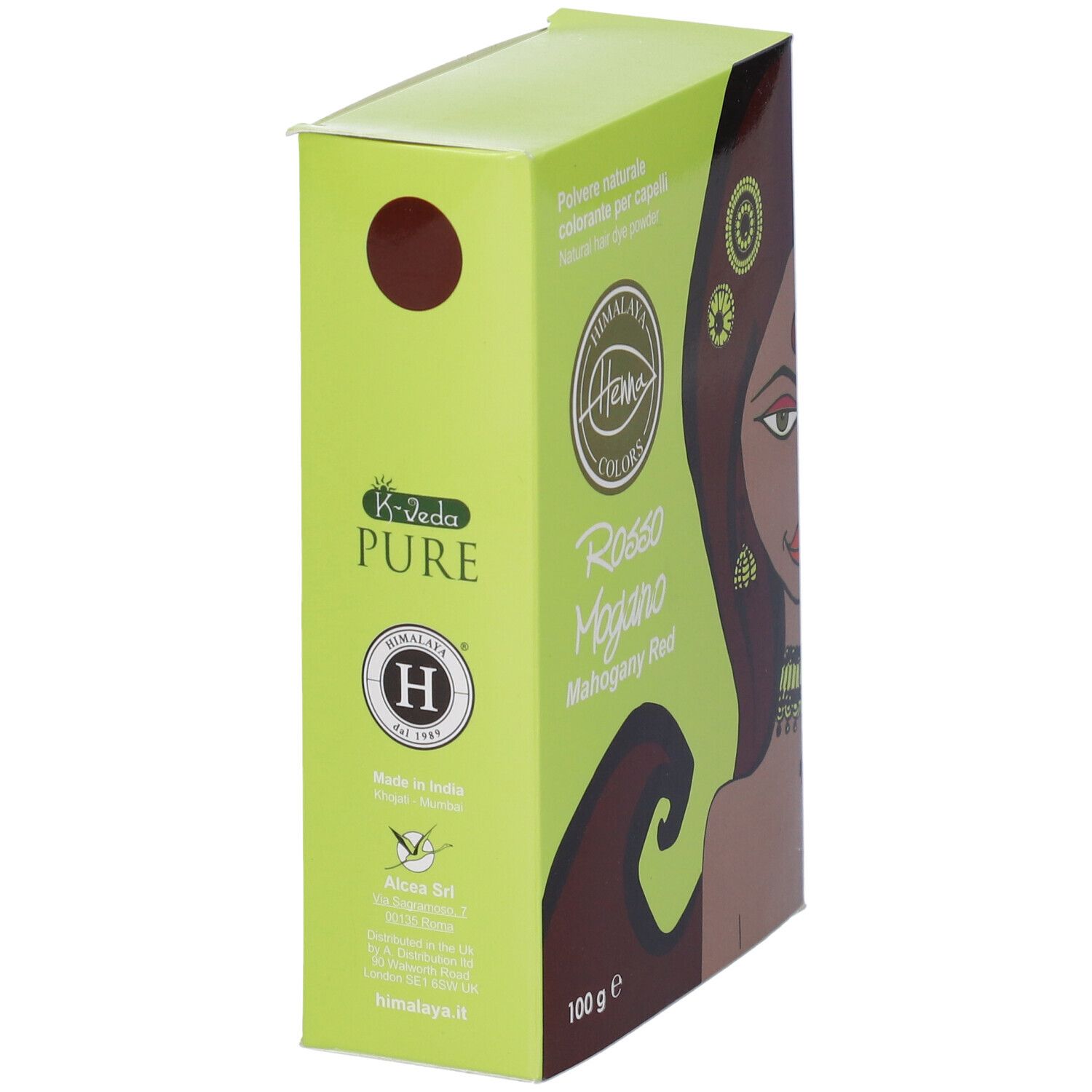 Scatola verde, vista laterale. Testo: Henna Colors, Rosso Mogano, 100 g. Con logo.