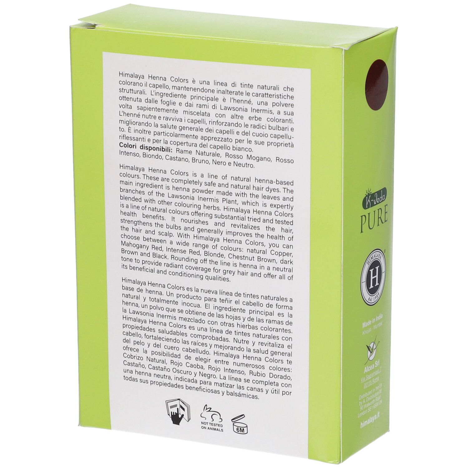 Retro della scatola verde. Testo in più lingue. Contiene ingredienti e informazioni.