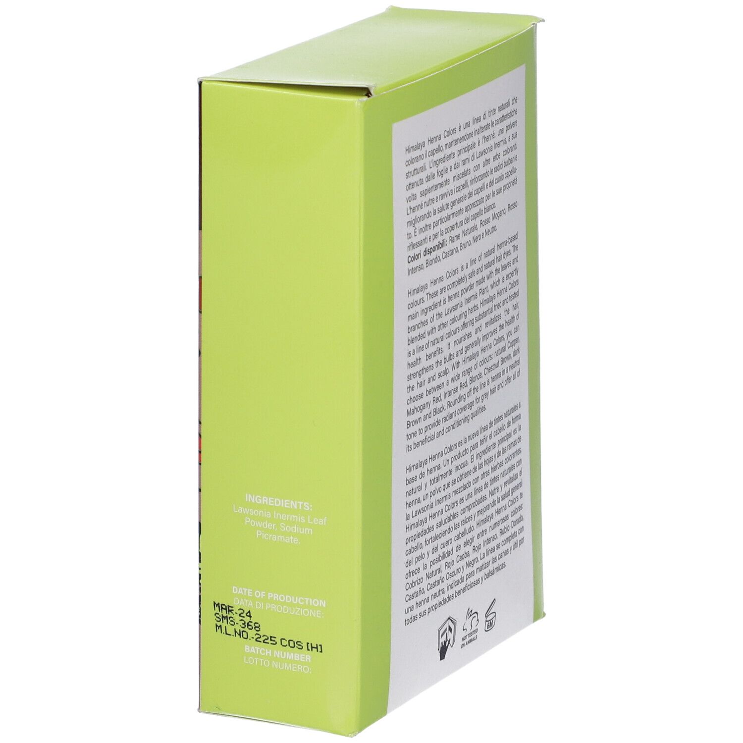 Vista laterale della scatola verde. Testo: ingredienti, data di produzione, numero di lotto.