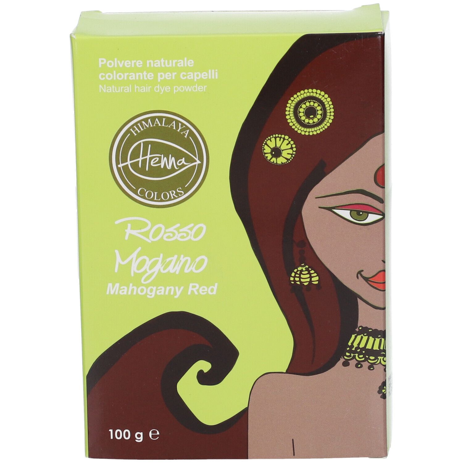 Scatola verde con immagine e testo. Contiene Henna Rosso Mogano. 100 g.