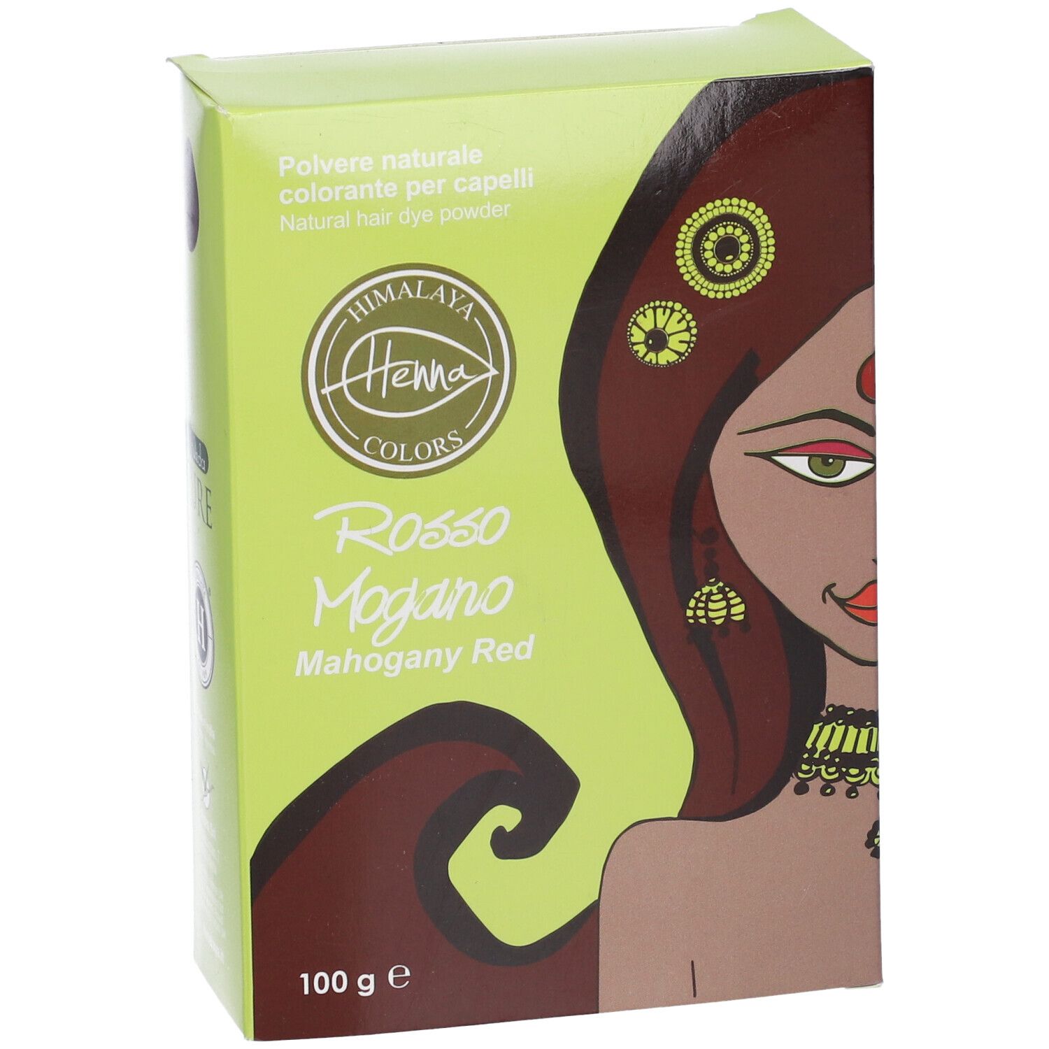 Scatola verde con immagine e testo. Contiene Henna Rosso Mogano. 100 g.