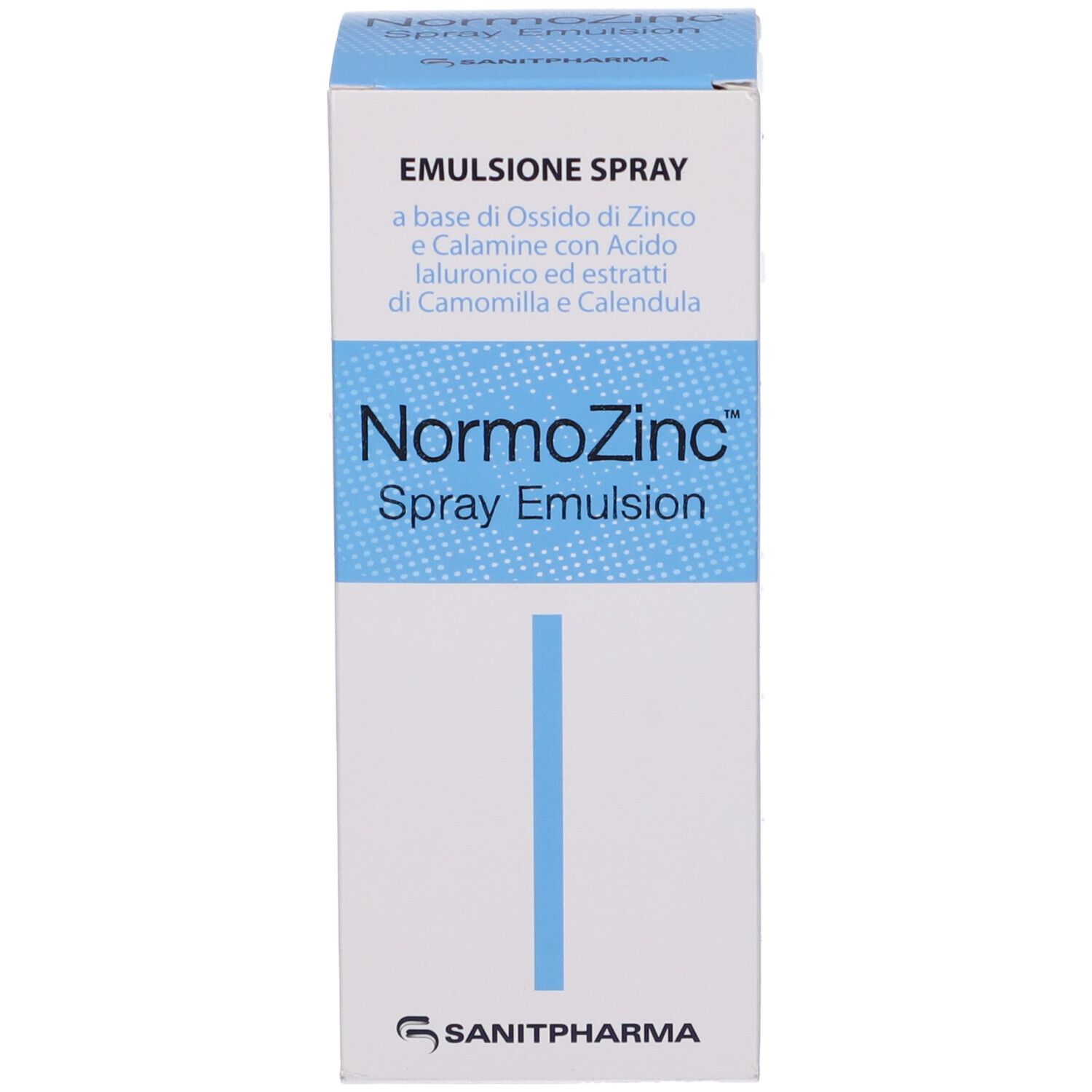 Confezione del prodotto. Bianca con etichetta blu. Testo: NormoZinc Spray Emulsion. Logo del produttore.