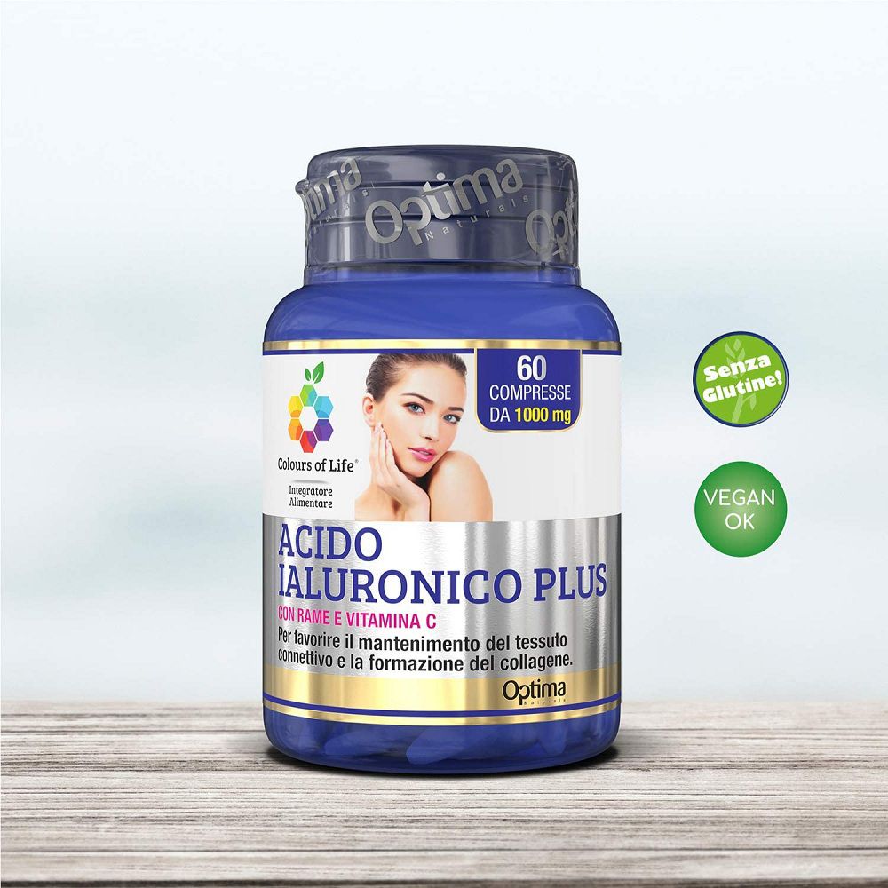 Flacone Acido Ialuronico Plus, 60 compresse, senza glutine, vegan. Con volto di donna e icone colorate.