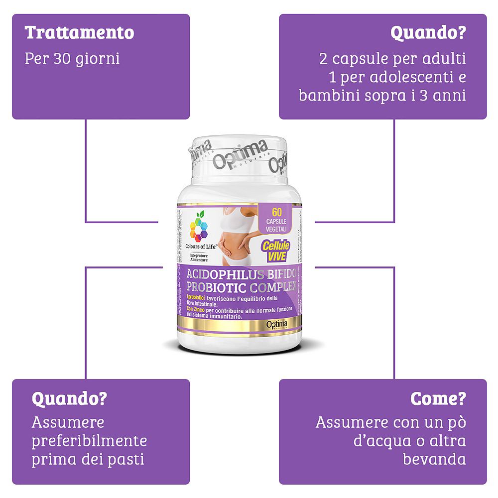Flacone "Acidophilus Bifido Probiotic Complex" con indicazioni d'uso.