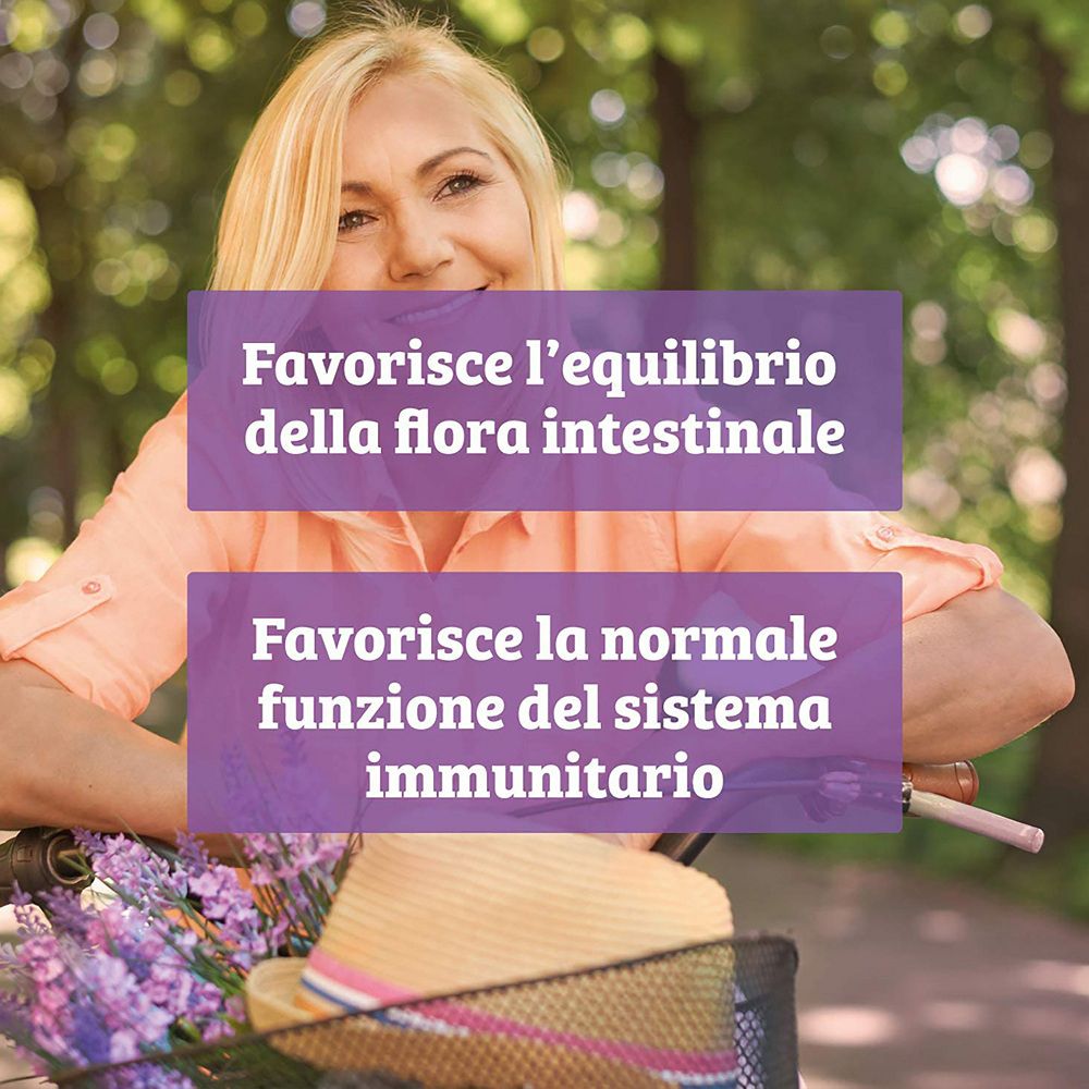 Donna con campi di testo sulla flora intestinale e il sistema immunitario.