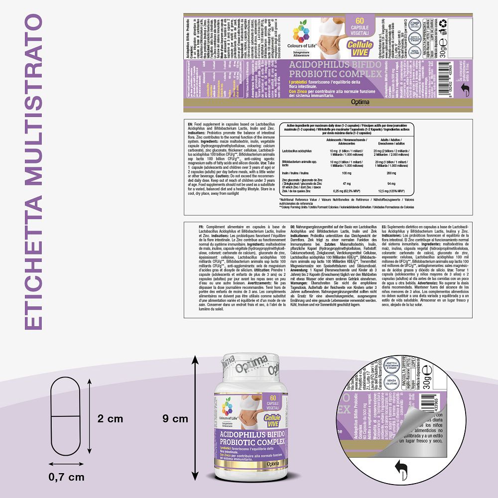 Flacone "Acidophilus Bifido Probiotic Complex" con etichetta e dimensioni capsula.