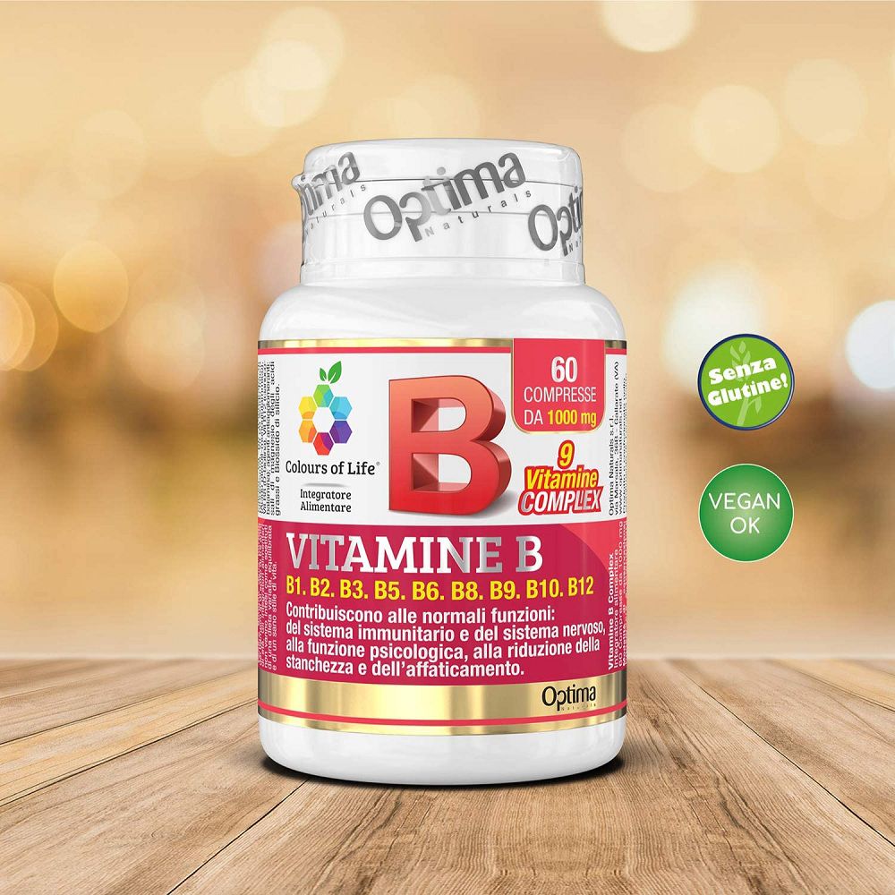 Flacone Vitamine B Komplex, 60 compresse, Colours of Life, sigillo "Vegan OK".